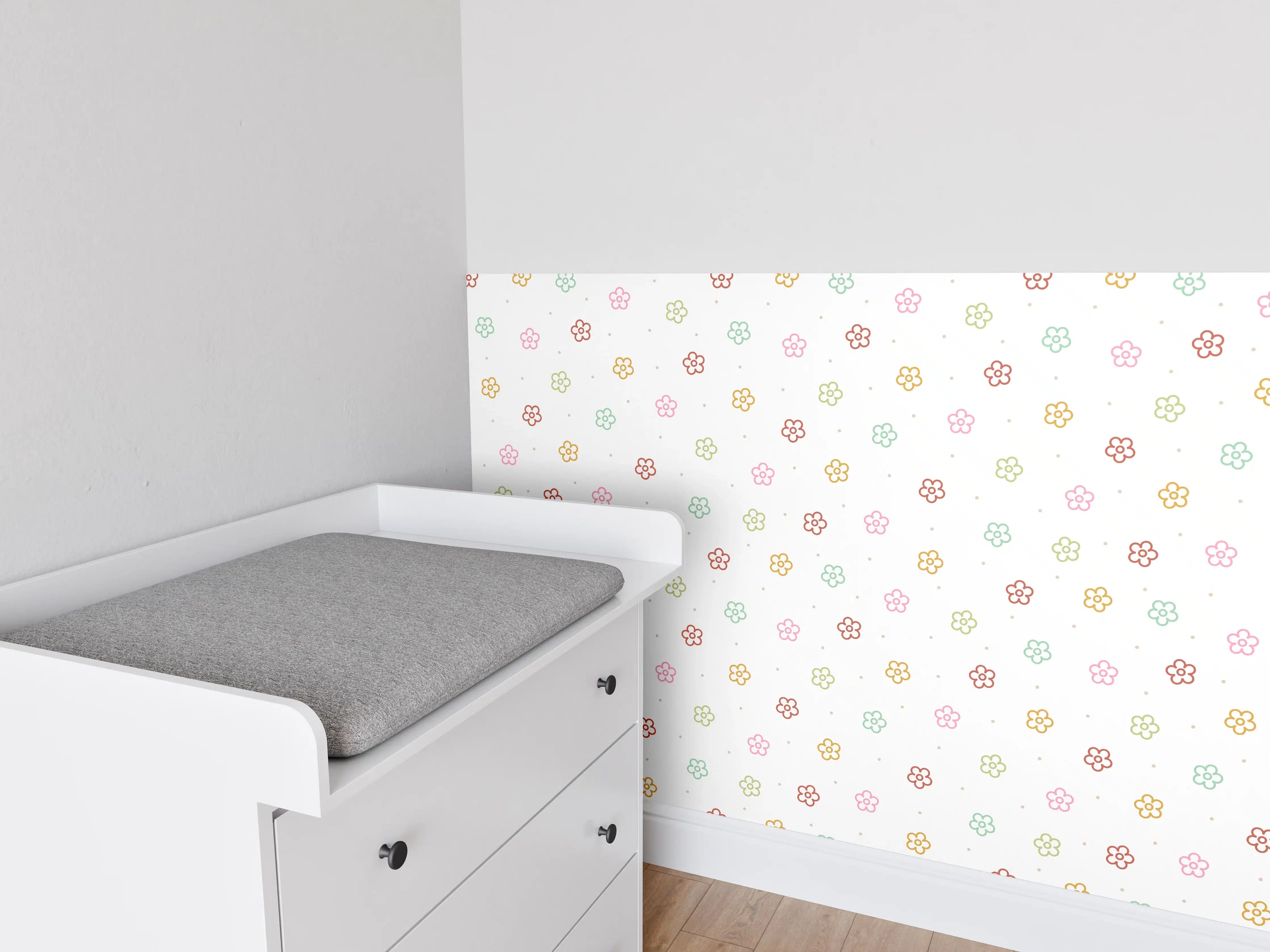 Babyzimmer Wandgestaltung - Zarte Graublumen auf weißem Grund