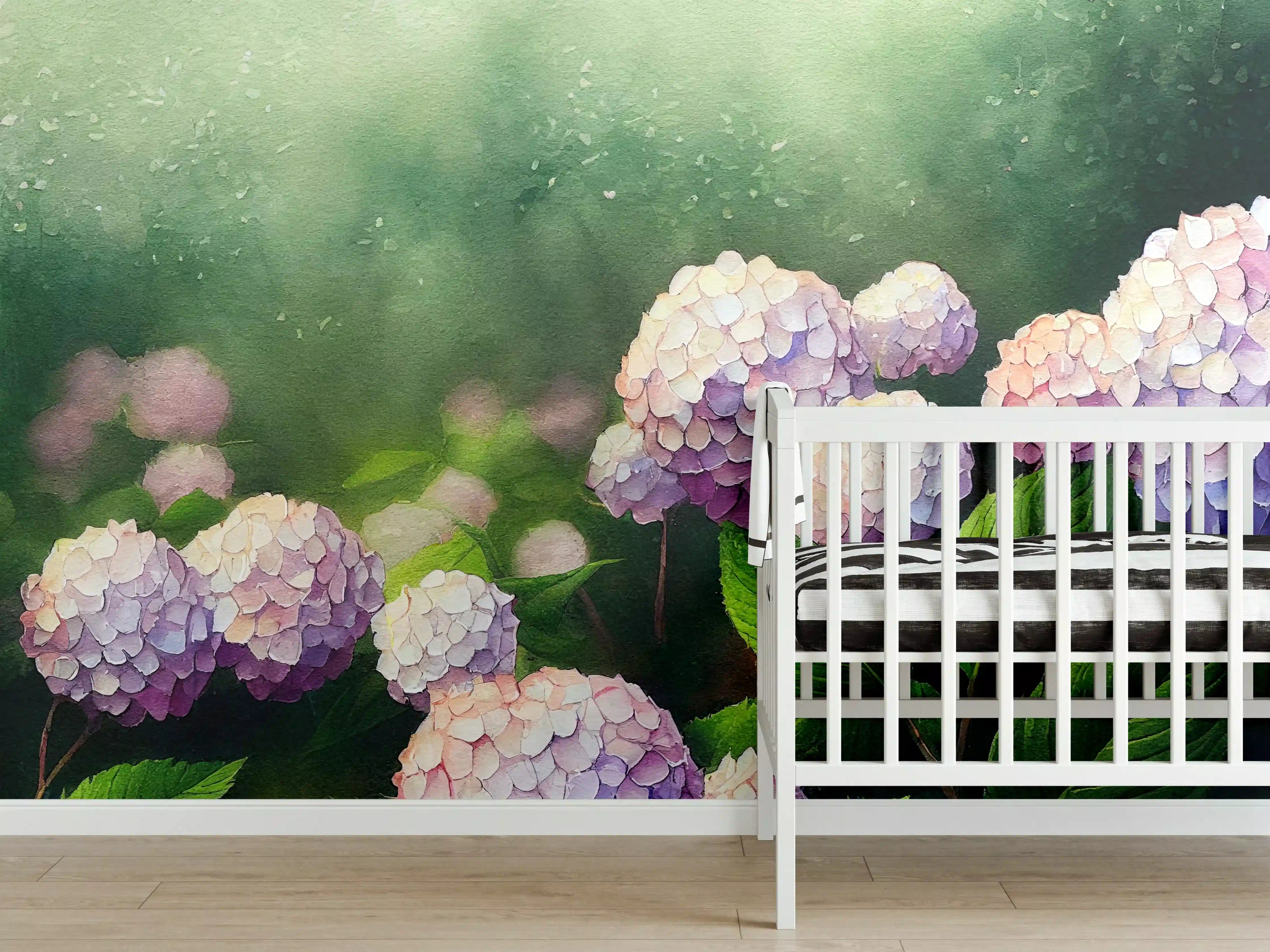 Babyzimmer Wandgestaltung - Zarte Hortensienblüten in Pastellfarben