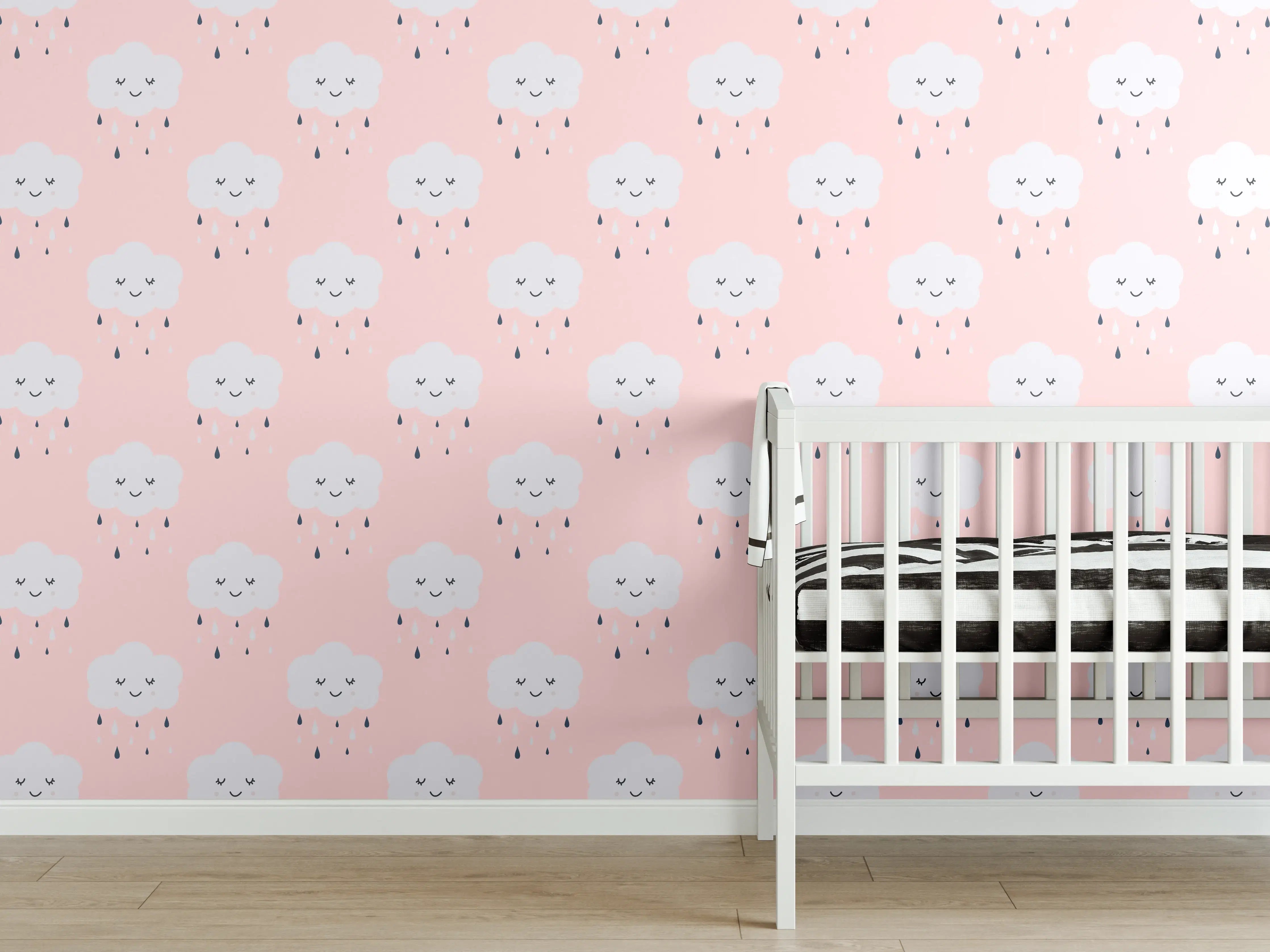 Babyzimmer Wandgestaltung - Zarte Katzenmotive auf hellem Hintergrund