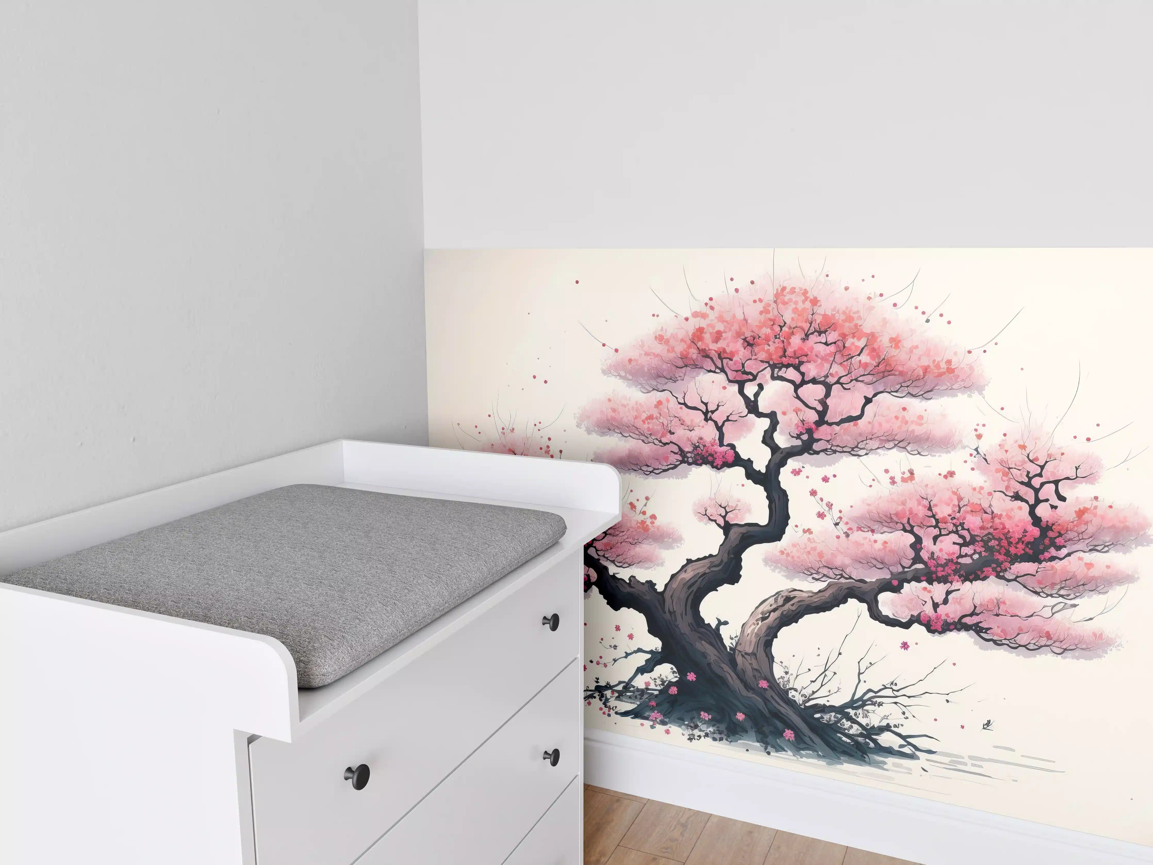 Babyzimmer Wandgestaltung - Zarte Kirschblüten in Grauweiß: Aquarellmalerei