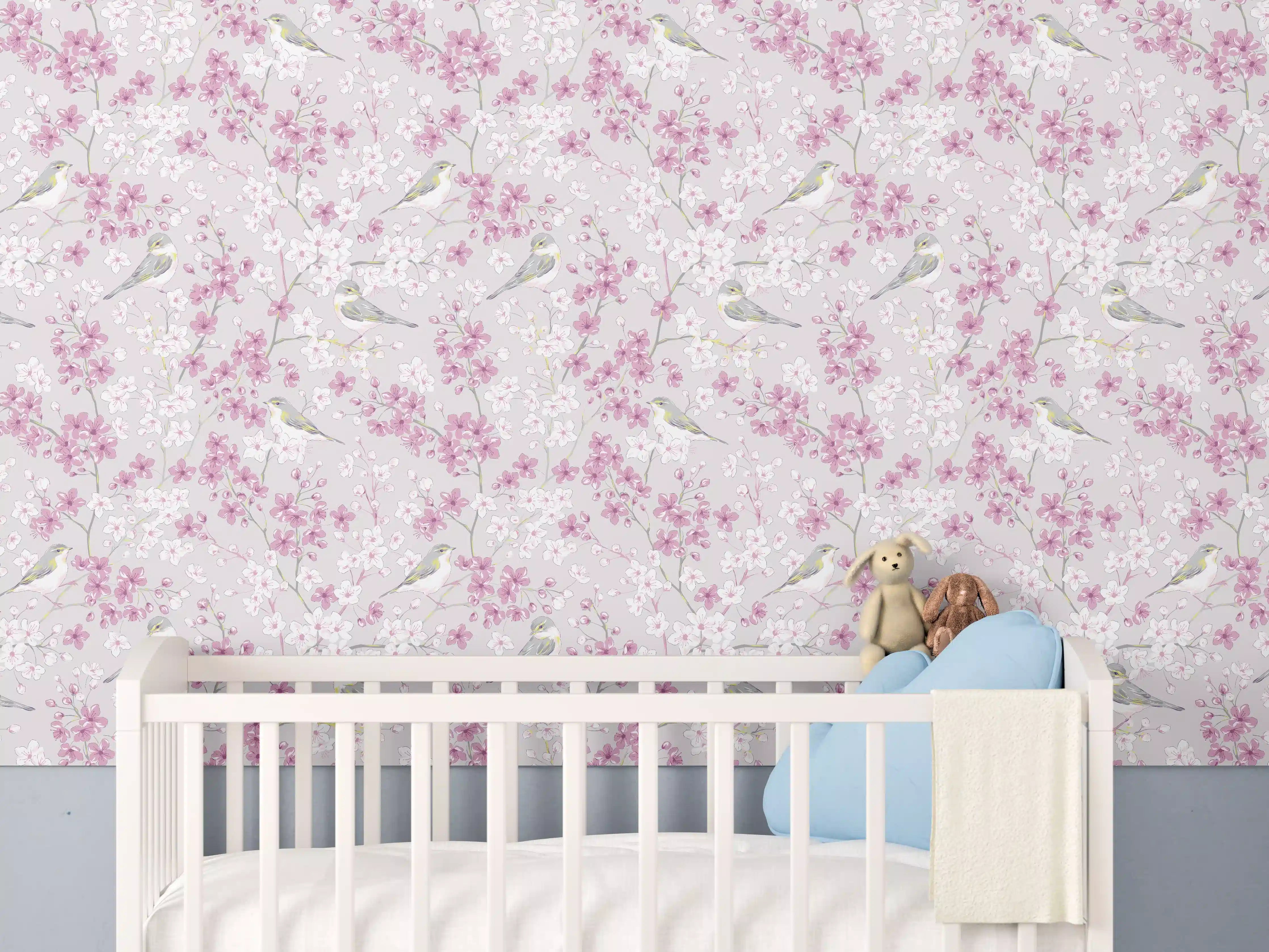 Babyzimmer Wandgestaltung - Zarte Kirschblüten mit Krähen