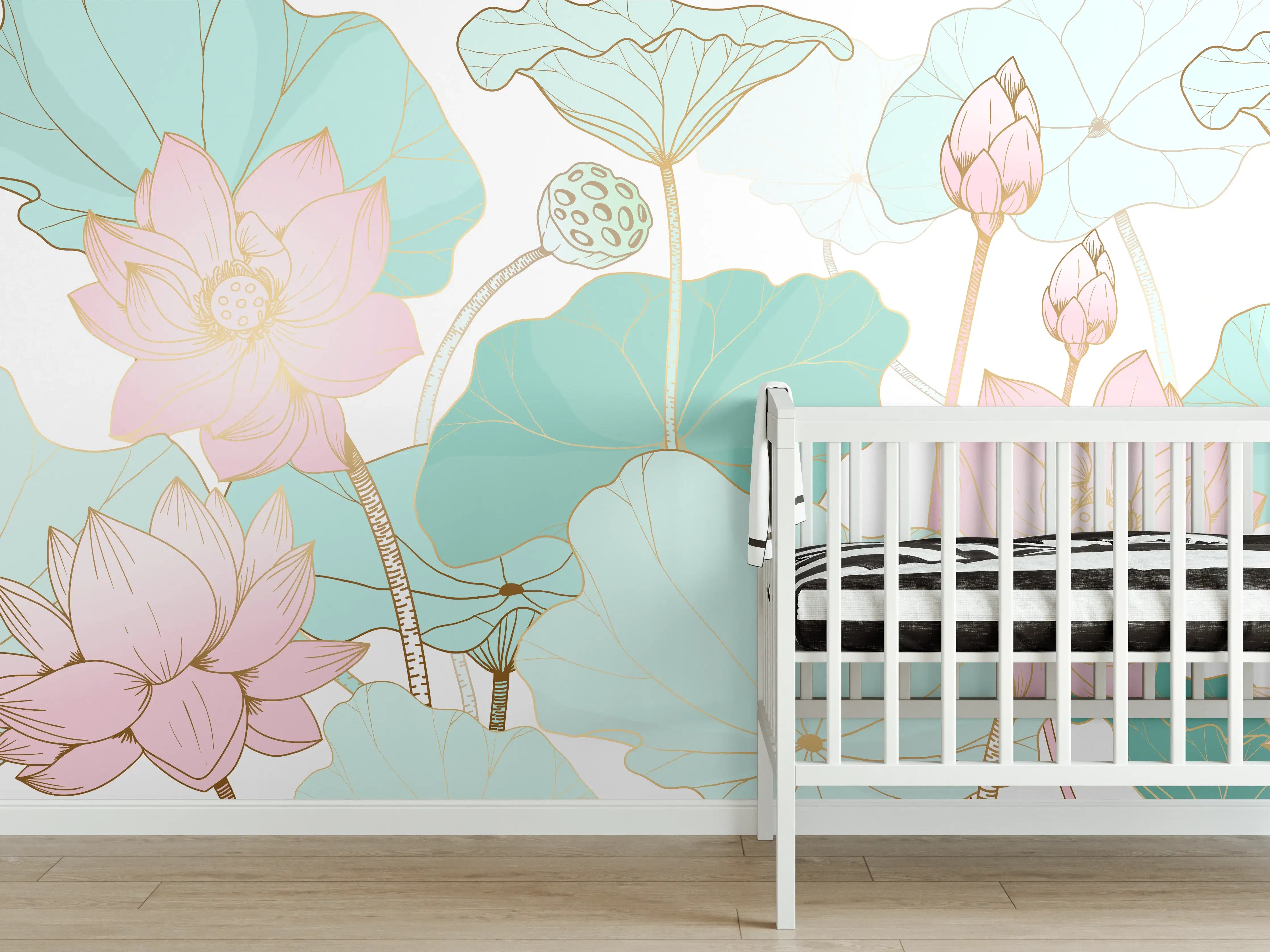 Babyzimmer Wandgestaltung - Zarte Lotusblüten Pastellfarben