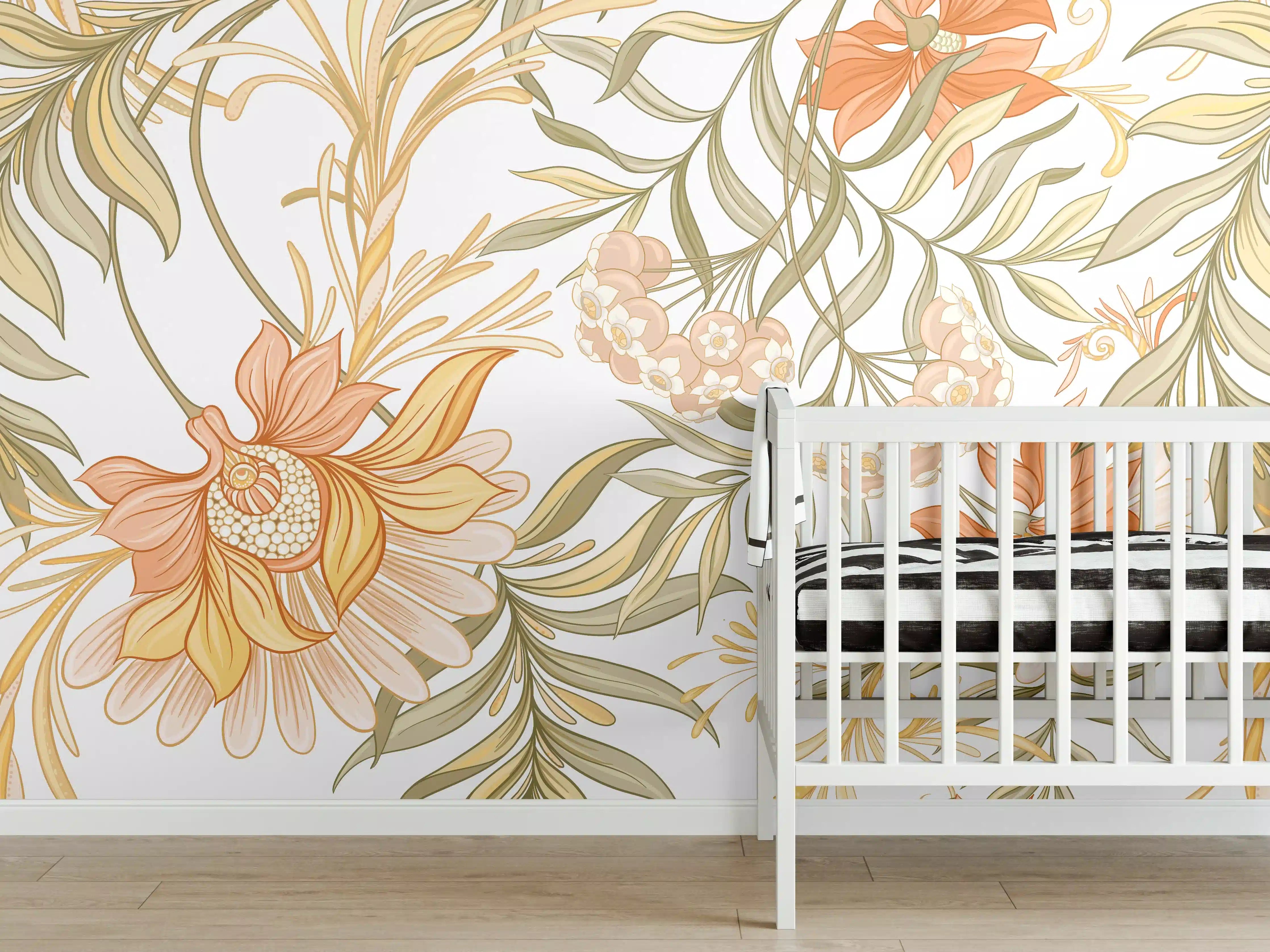 Babyzimmer Wandgestaltung - Zarte Pastellblüten mit dezenten Grautönen
