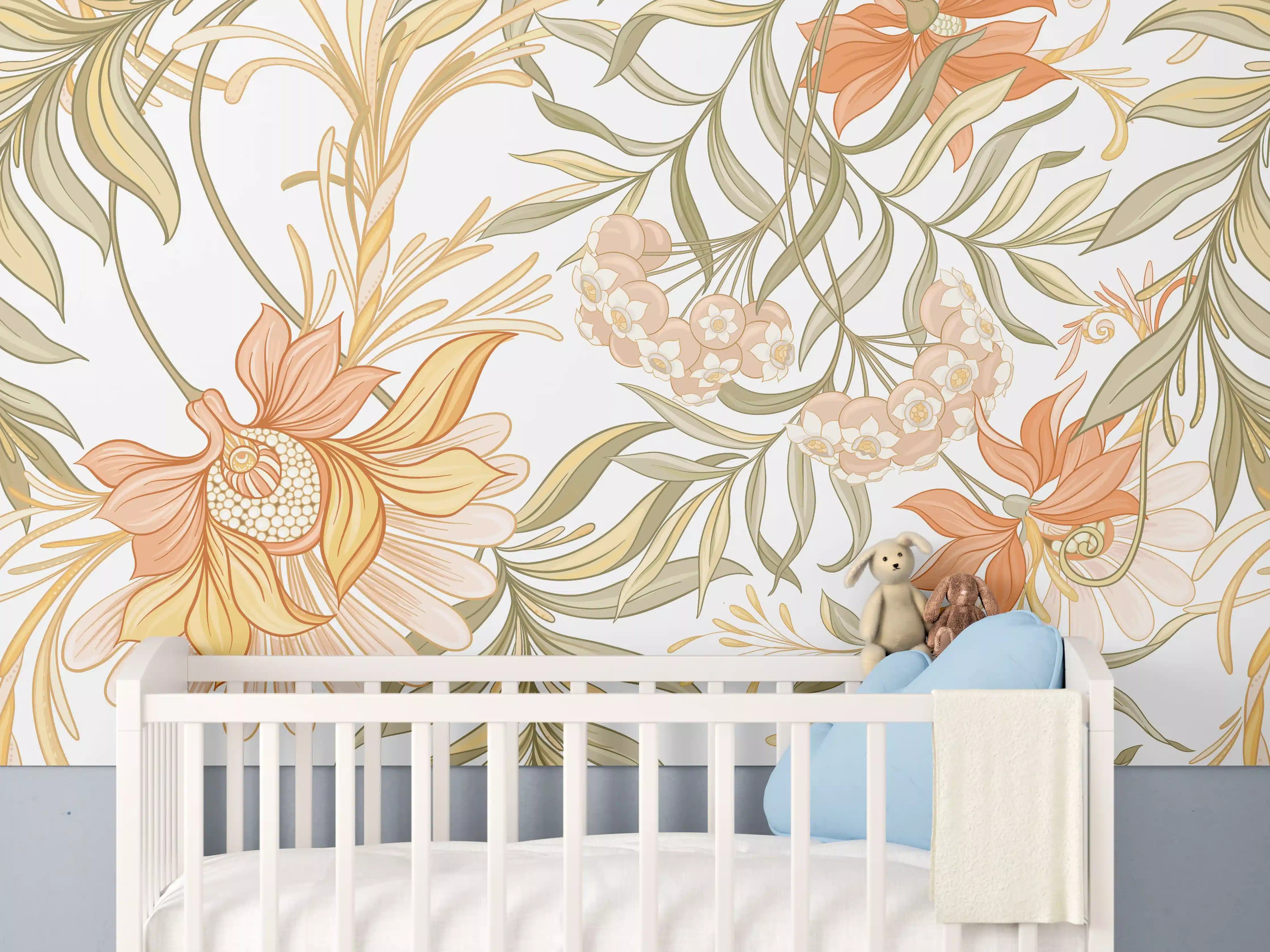 Babyzimmer Wandgestaltung - Zarte Pastellblüten mit dezenten Grautönen