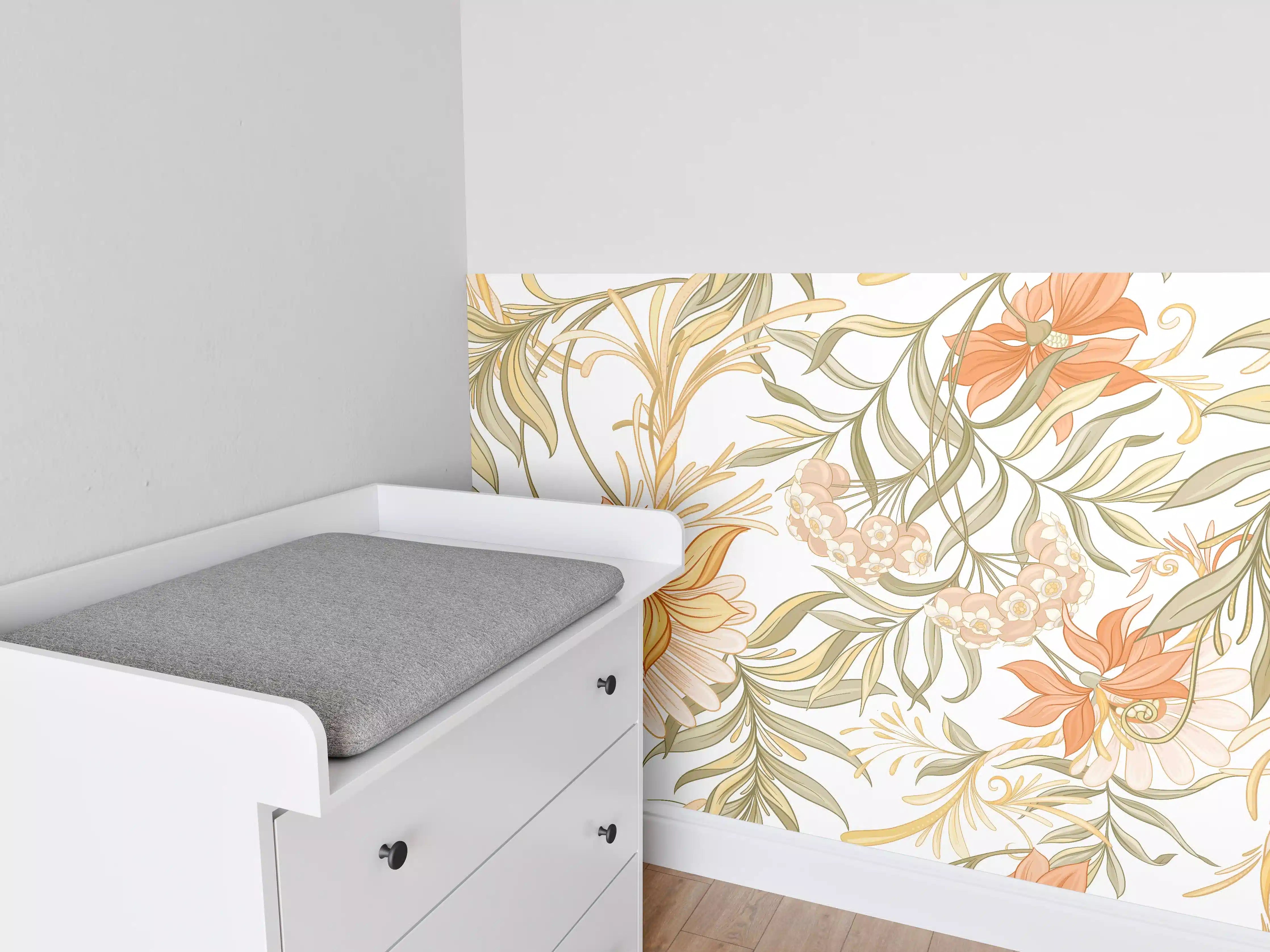 Babyzimmer Wandgestaltung - Zarte Pastellblüten mit dezenten Grautönen