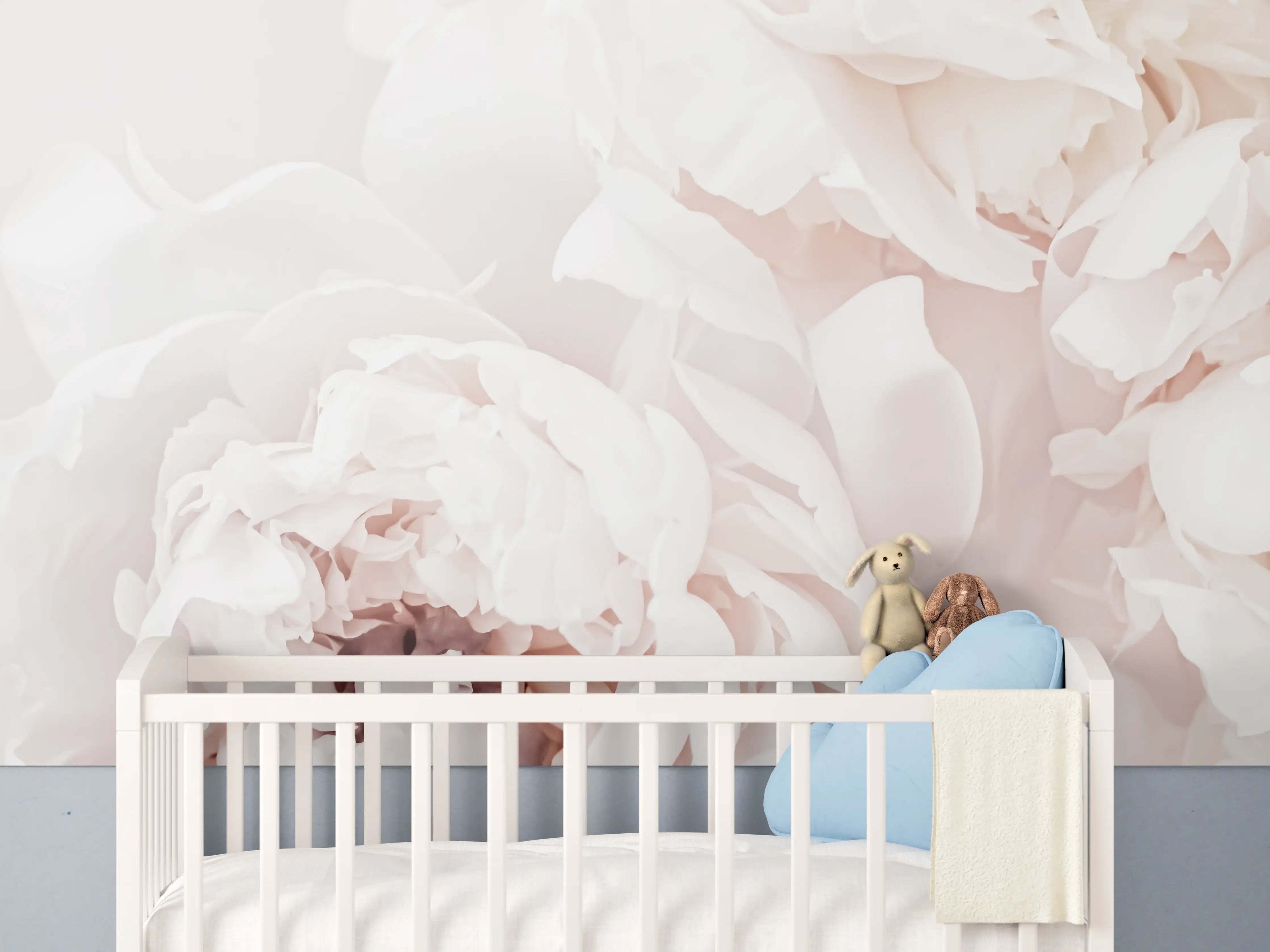 Babyzimmer Wandgestaltung - Zarte Pfingstrosen in Grau- und Pastelltönen