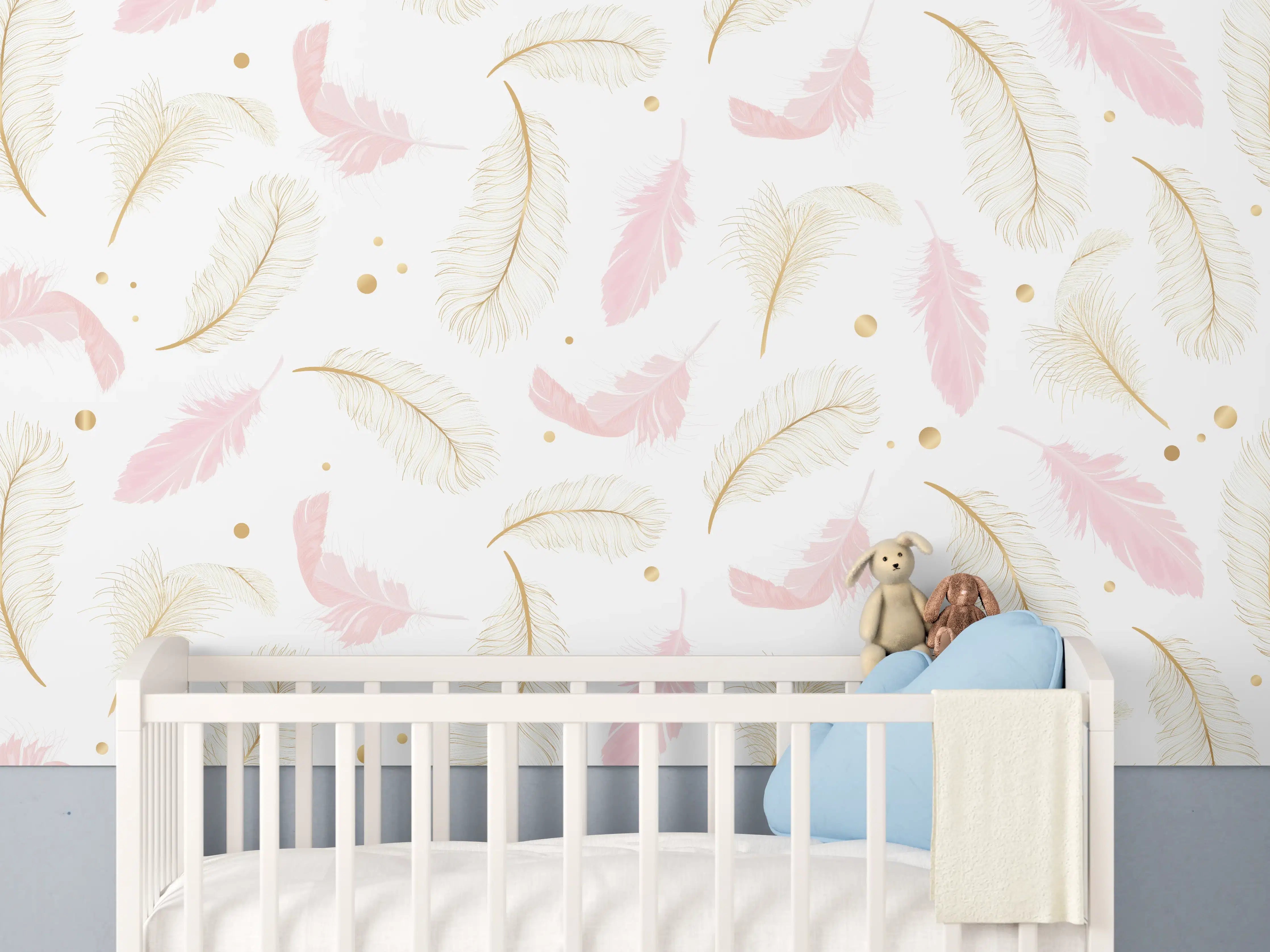 Babyzimmer Wandgestaltung - Zarte Rosa-Gold Feder-Muster