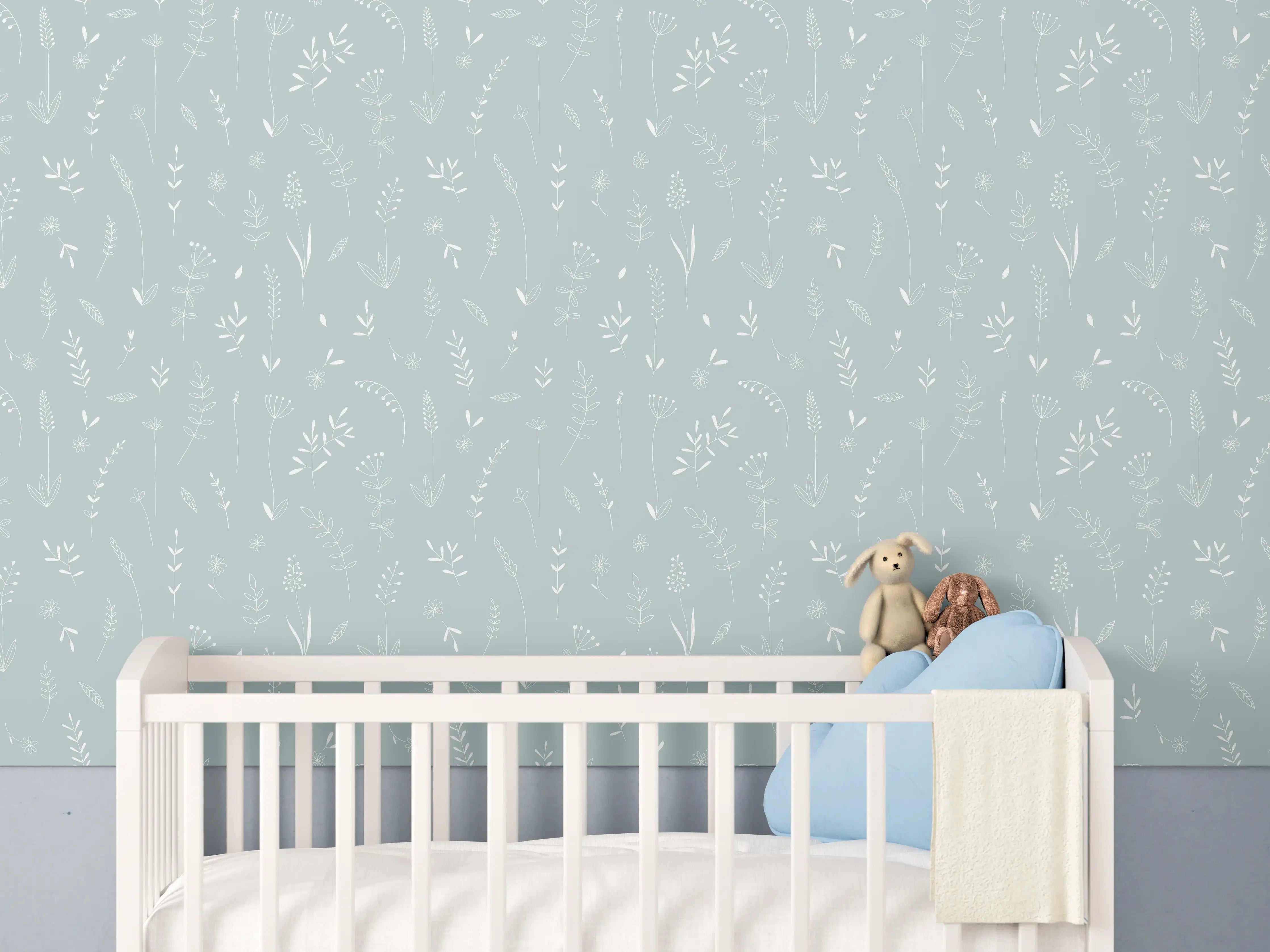 Babyzimmer Wandgestaltung - Zarte mintfarbene Blumenmuster Wandgestaltung