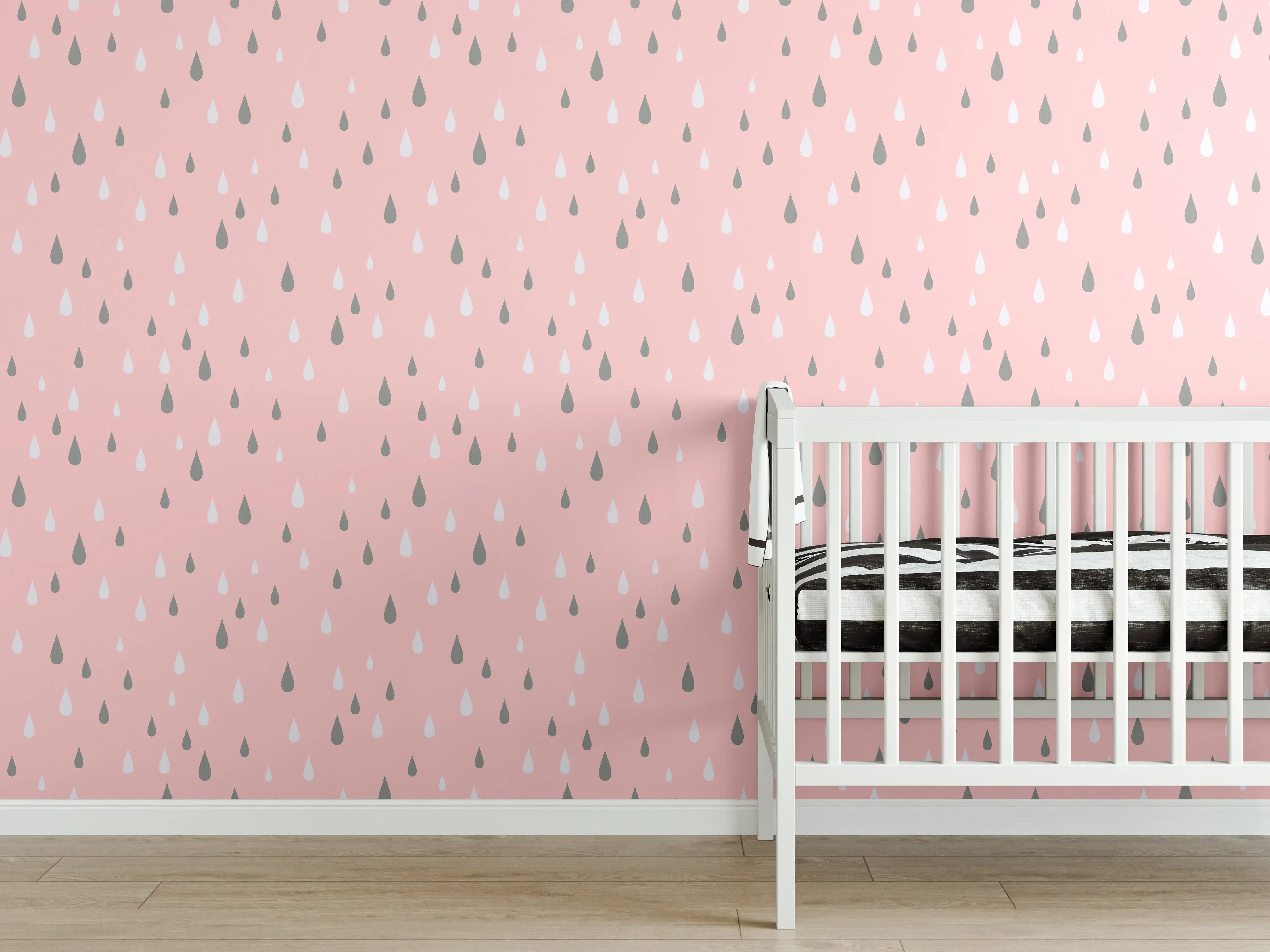 Babyzimmer Wandgestaltung - Zarte rosa Regentropfen mit grauen Akzenten