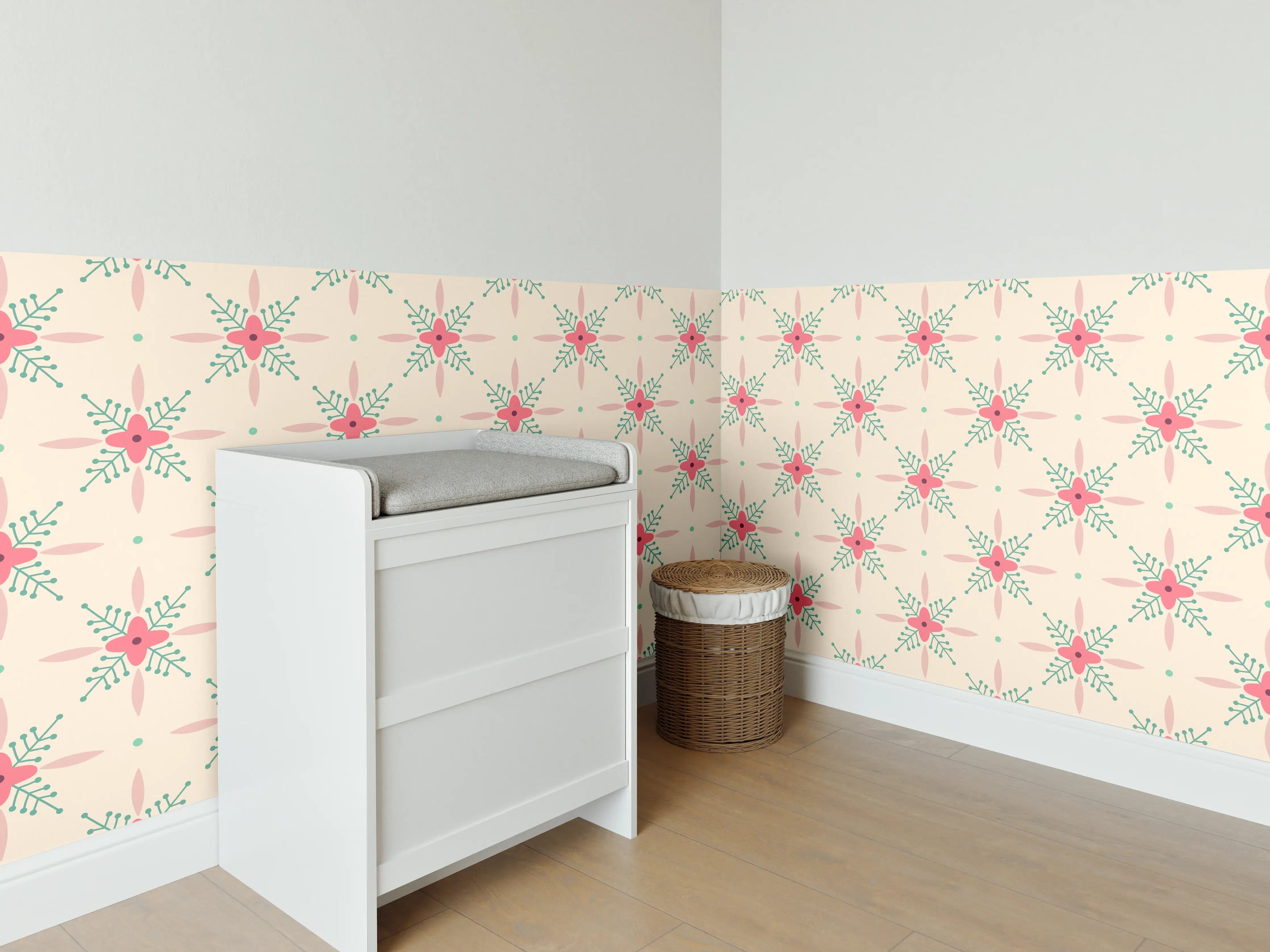 Babyzimmer Wandgestaltung - Zartes Pastellmuster mit Blumenmotiven