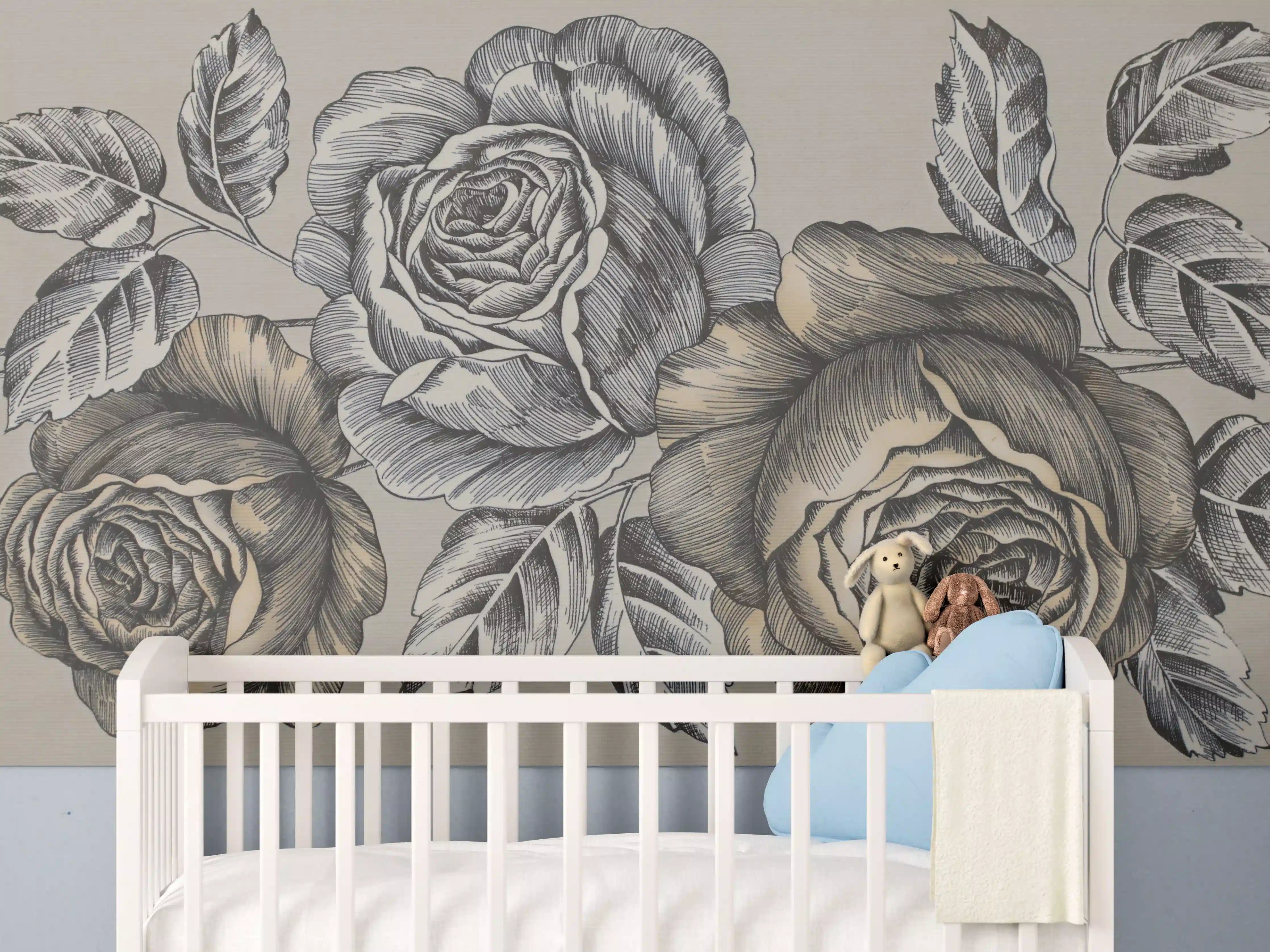 Babyzimmer Wandgestaltung - Zeichnung Monochrome Rosen