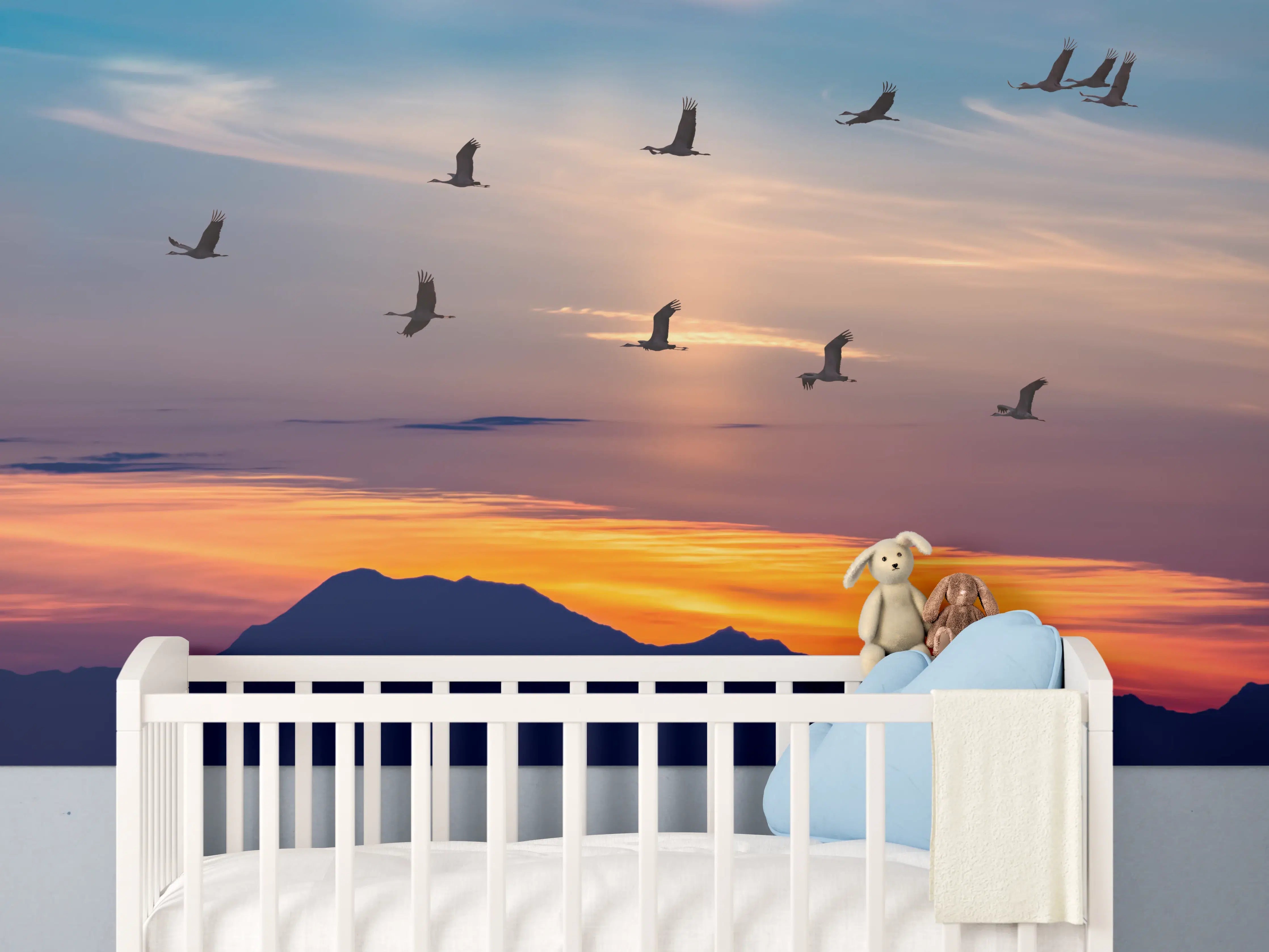 Babyzimmer Wandgestaltung - Zugvögel fliegen bei Sonnenuntergang