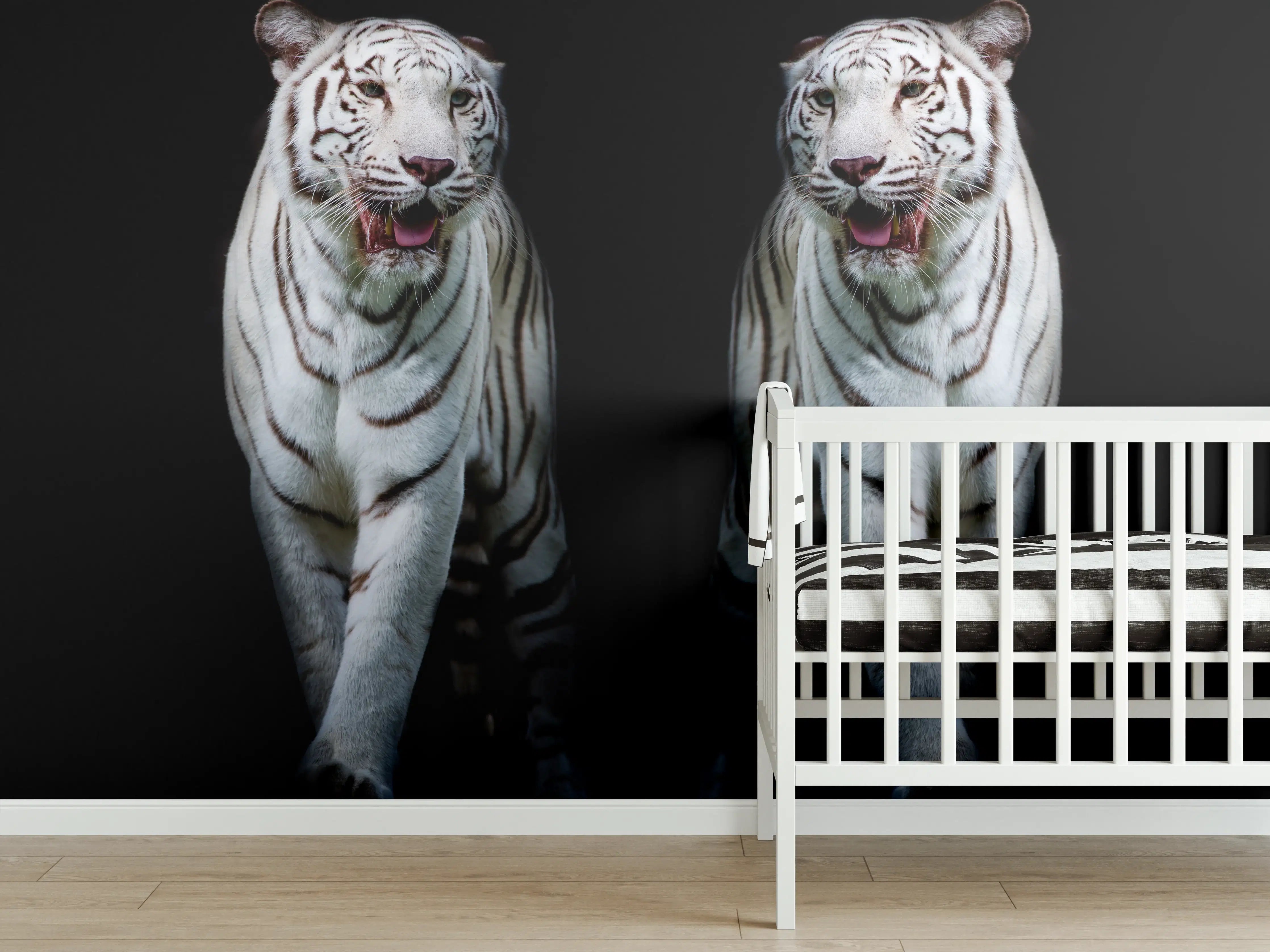 Babyzimmer Wandgestaltung - Zwei weiße Tiger auf schwarzem Hintergrund