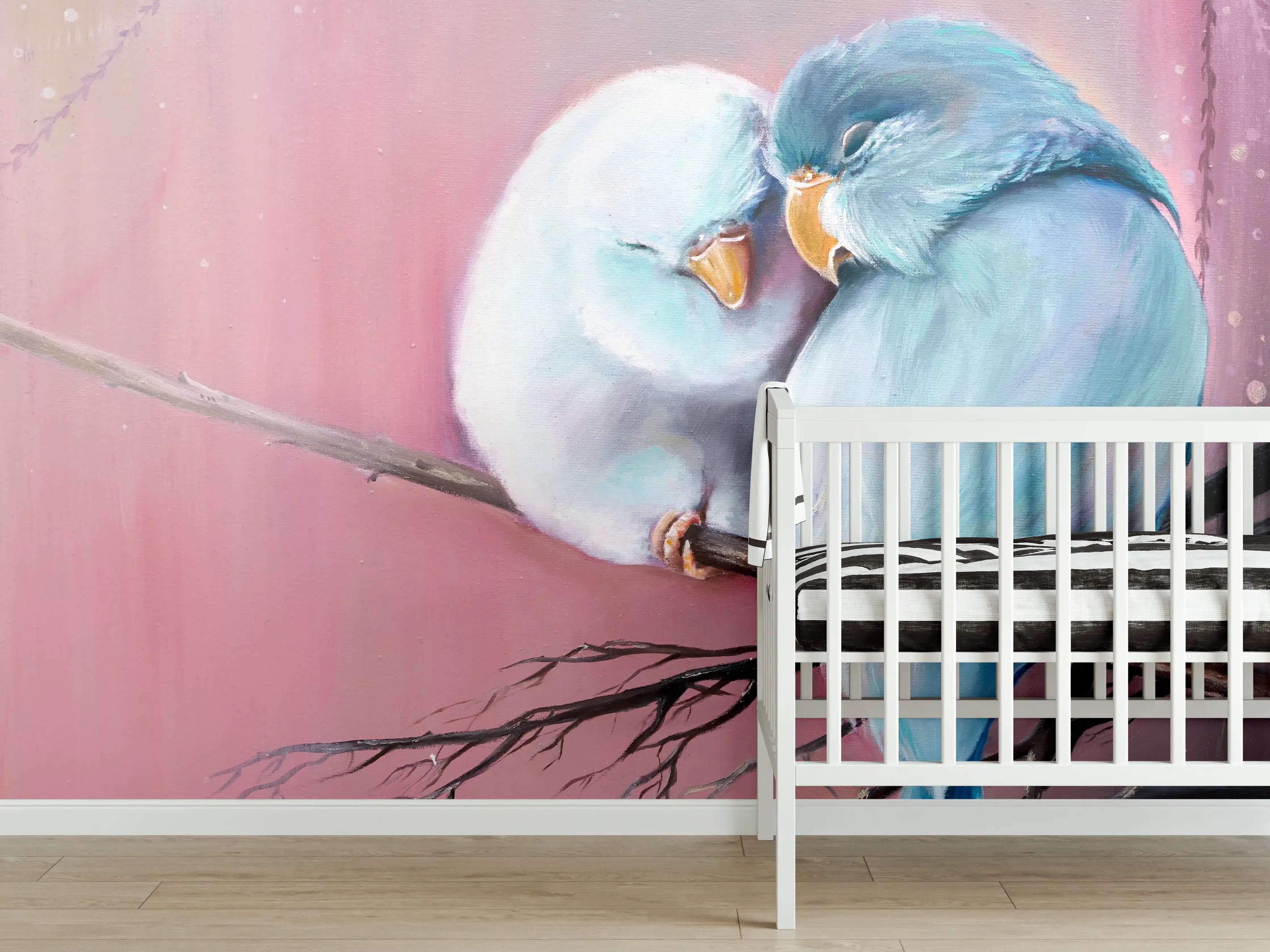 Babyzimmer Wandgestaltung - Zweisamkeit der Vögel in zarten Pastelltönen