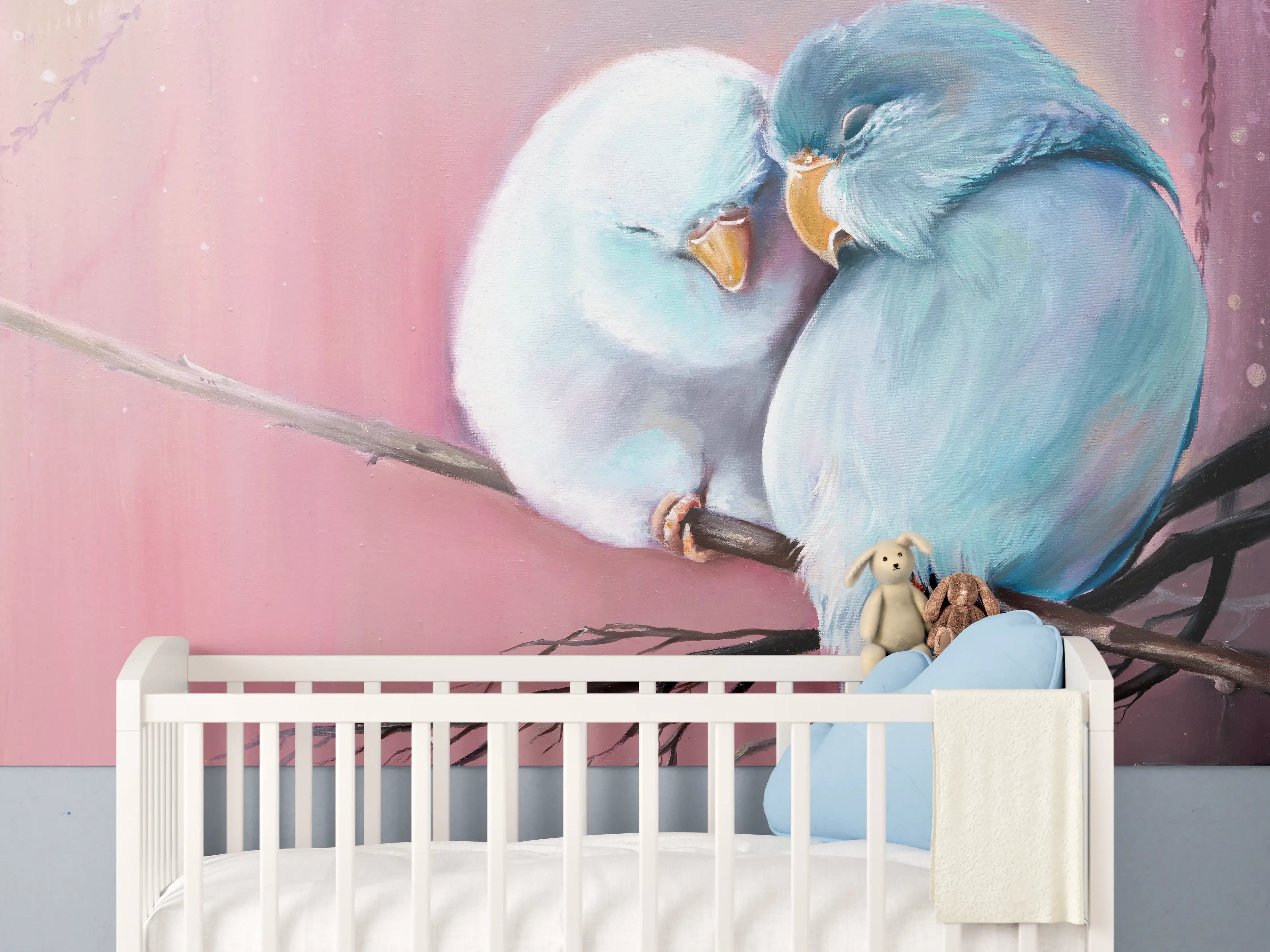 Babyzimmer Wandgestaltung - Zweisamkeit der Vögel in zarten Pastelltönen