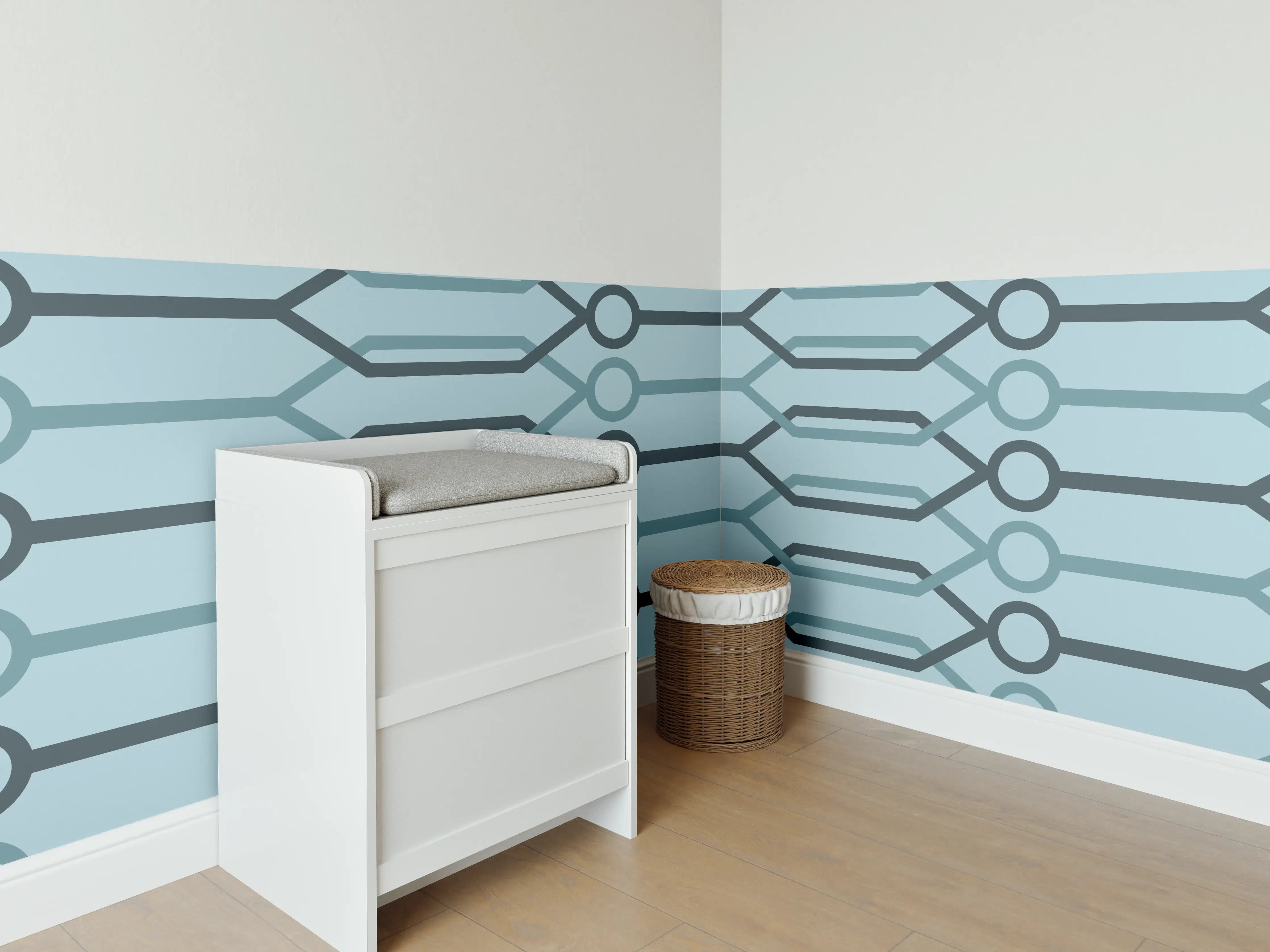 Babyzimmer Wandgestaltung - "Abstraktes Muster in Blau und Grau auf weißem Hintergrund"