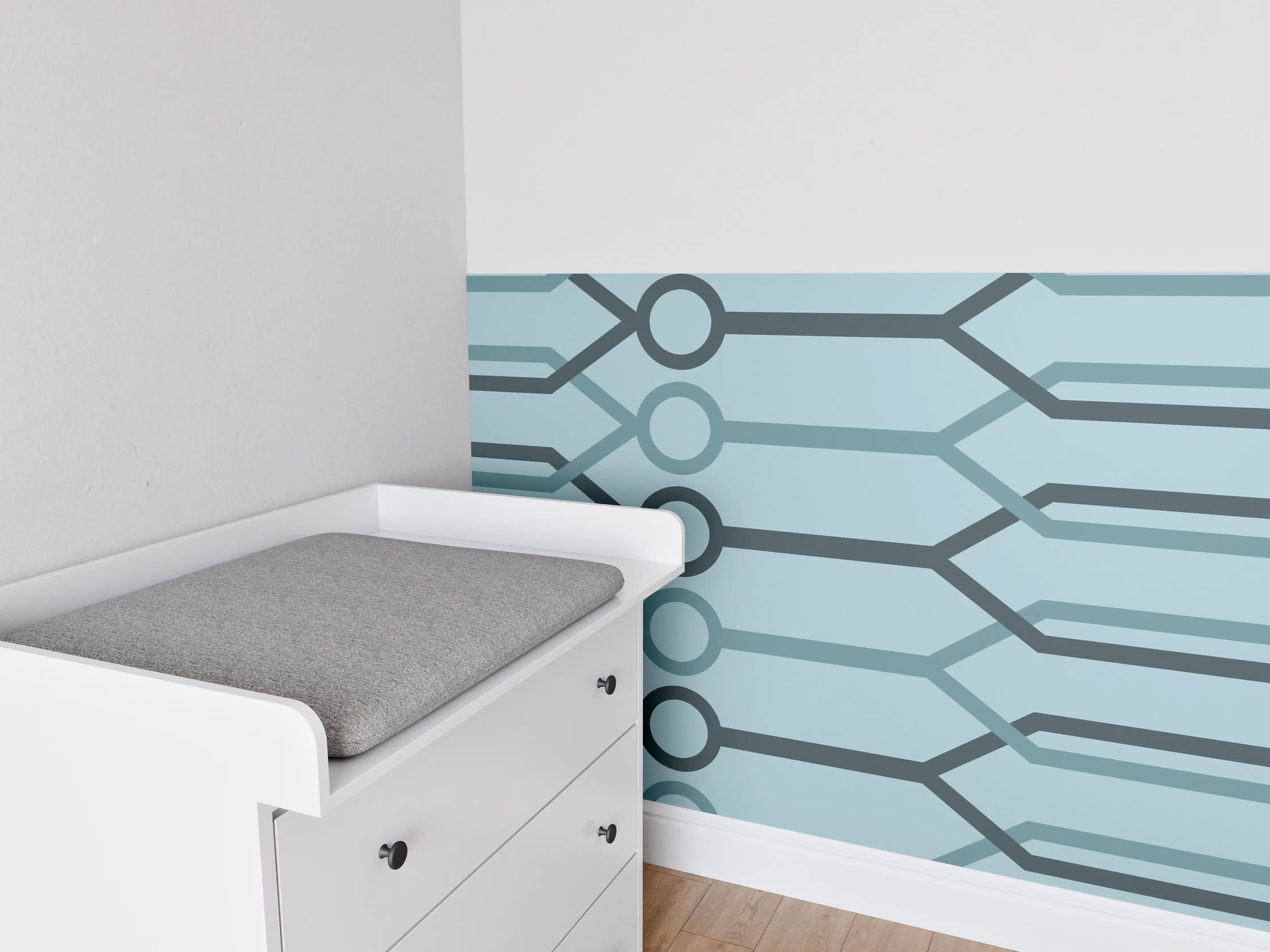 Babyzimmer Wandgestaltung - "Abstraktes Muster in Blau und Grau auf weißem Hintergrund"