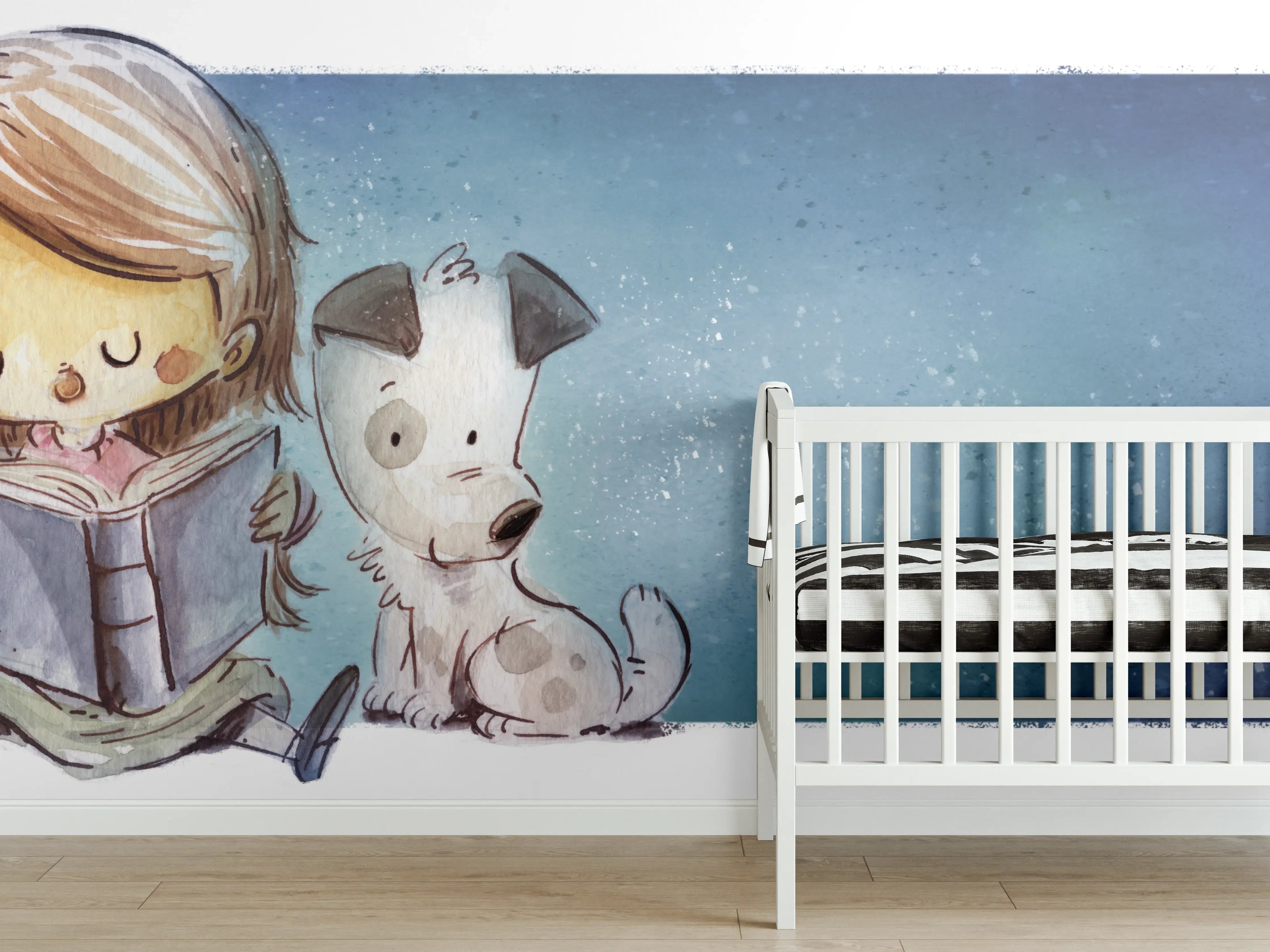 Babyzimmer Wandgestaltung - lesendes Mädchen mit Hund und Katze