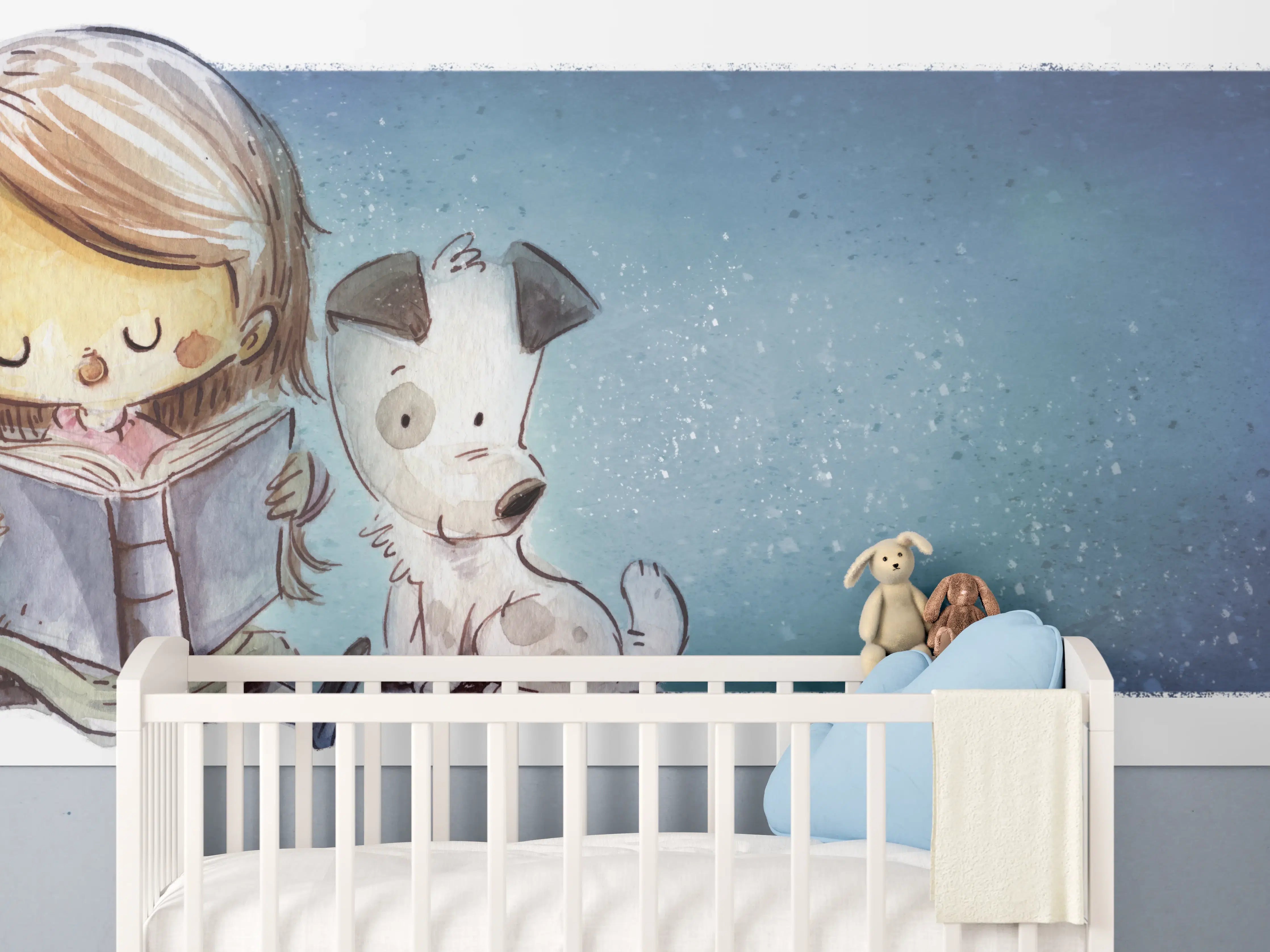 Babyzimmer Wandgestaltung - lesendes Mädchen mit Hund und Katze