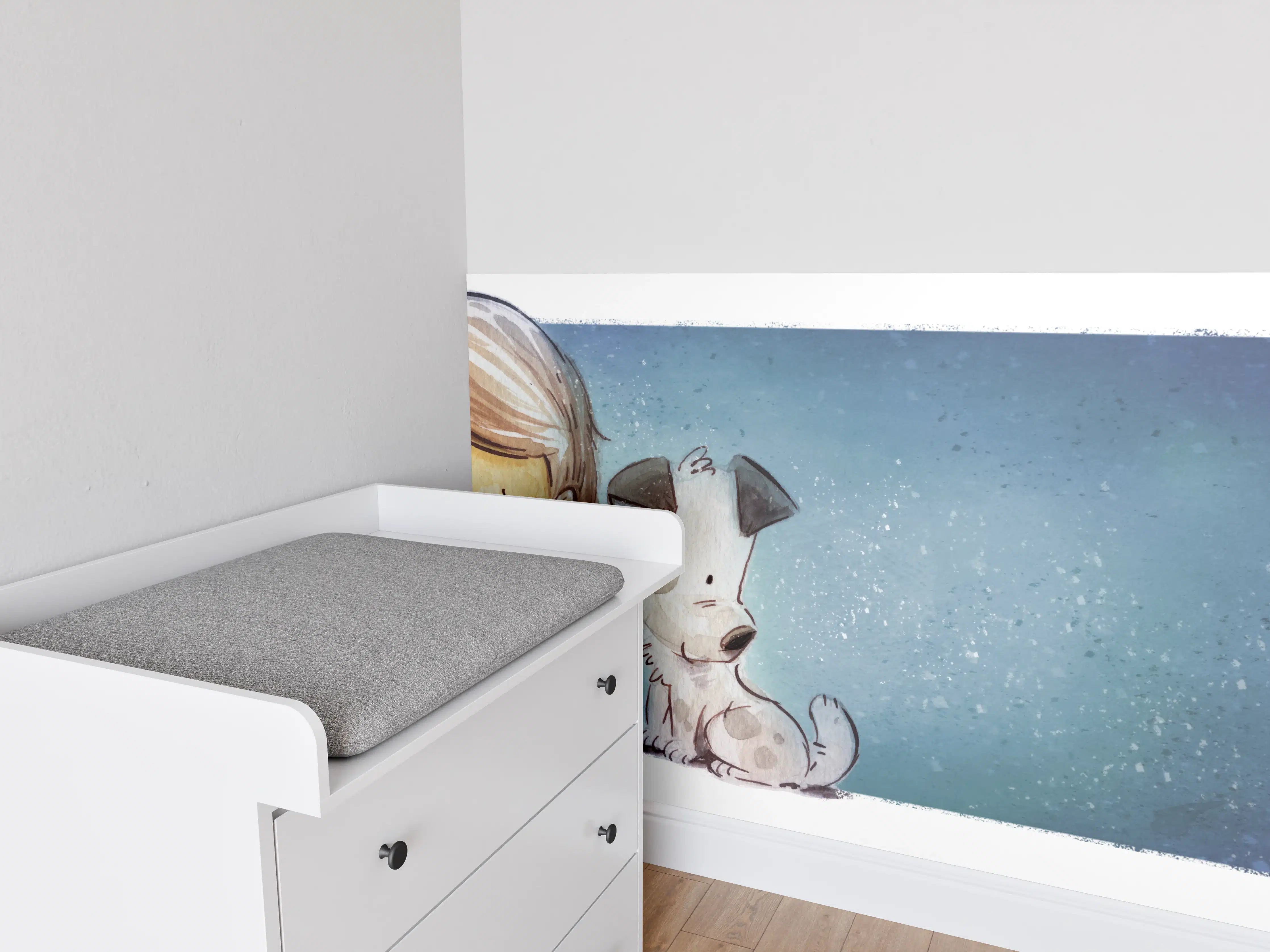 Babyzimmer Wandgestaltung - lesendes Mädchen mit Hund und Katze