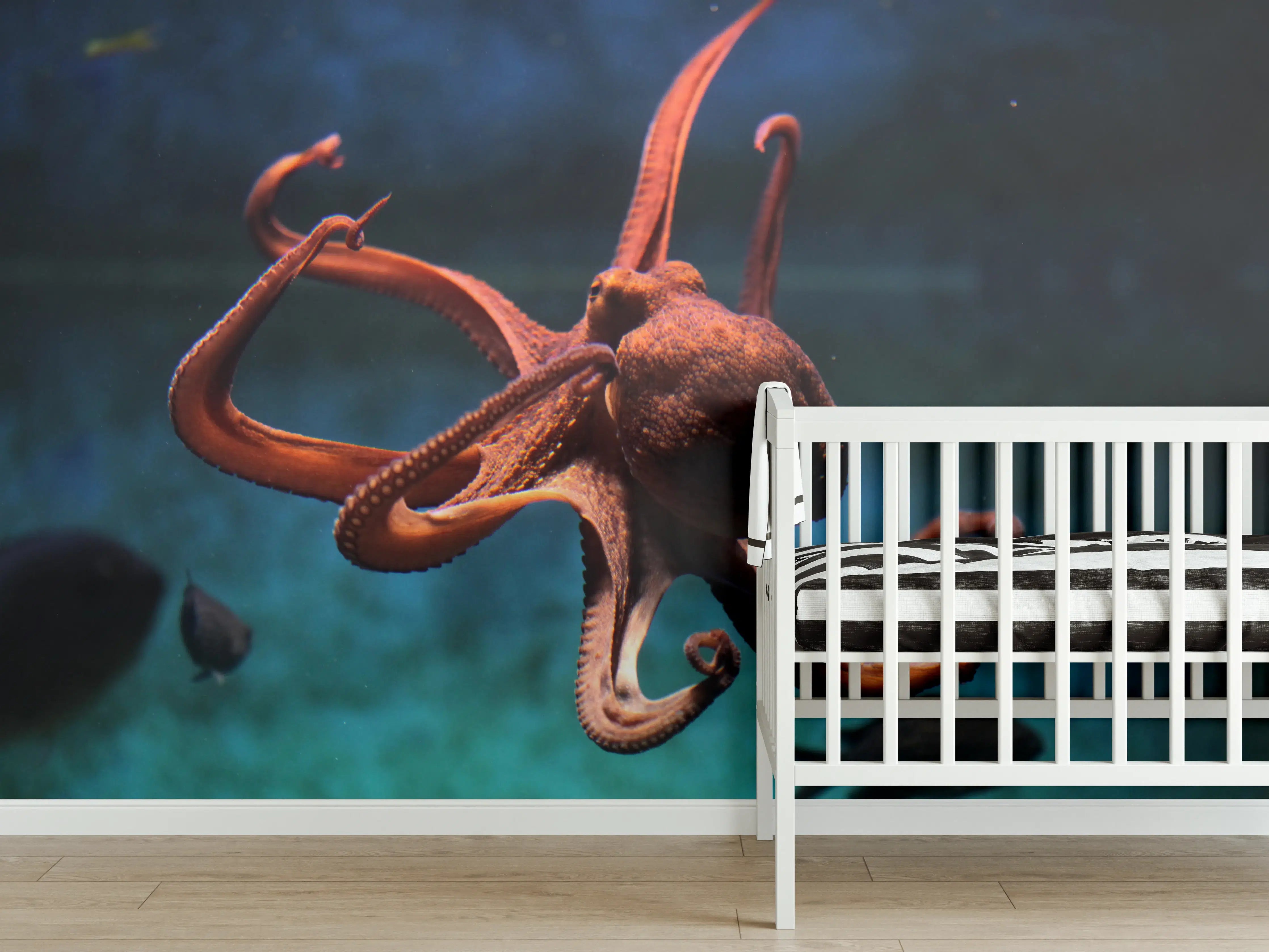 Babyzimmer Wandgestaltung - rötlicher Oktopus Unterwasser