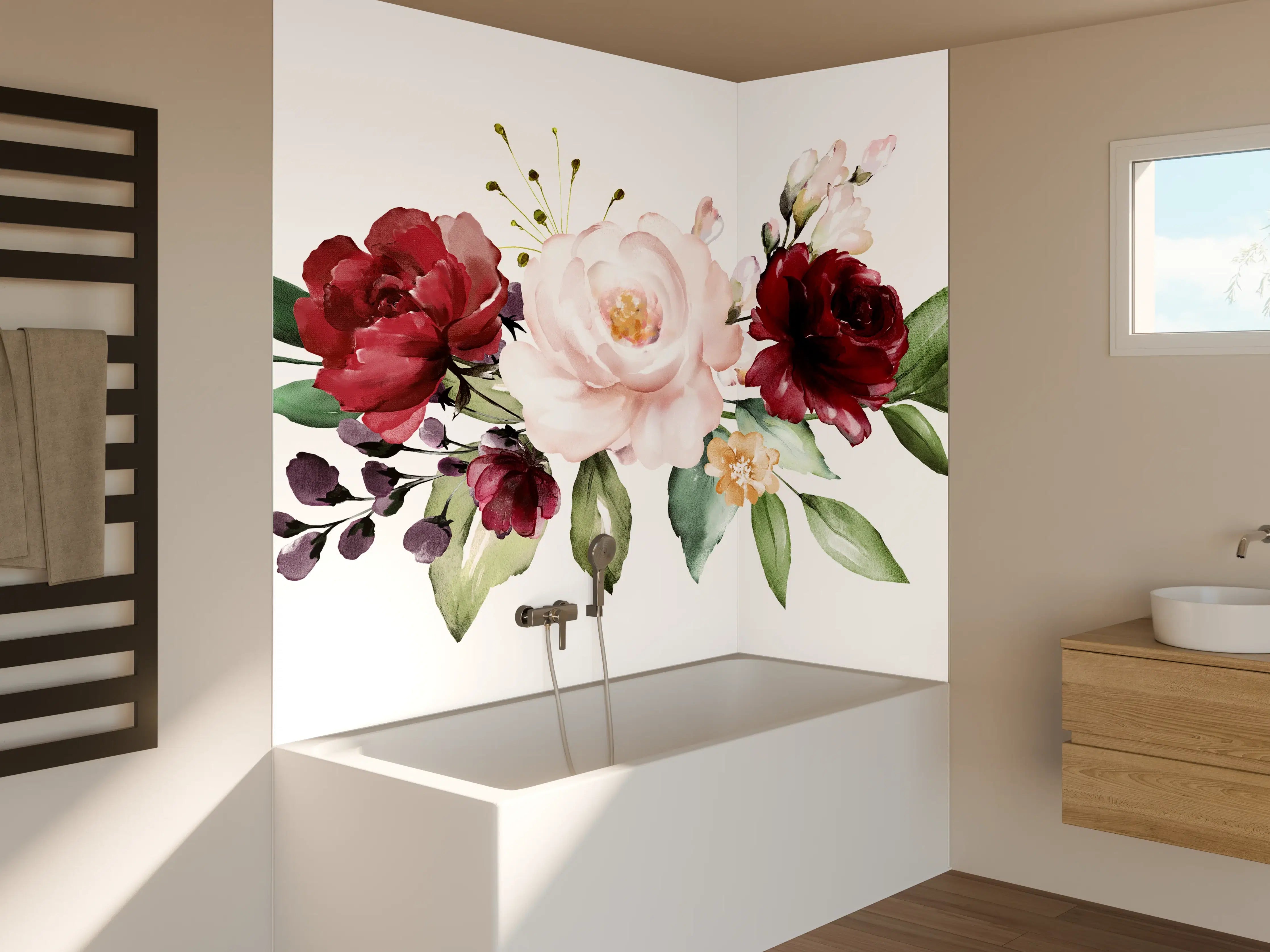 Badewannen-Rückwand - Aquarell bordeauxfarbene Blumen