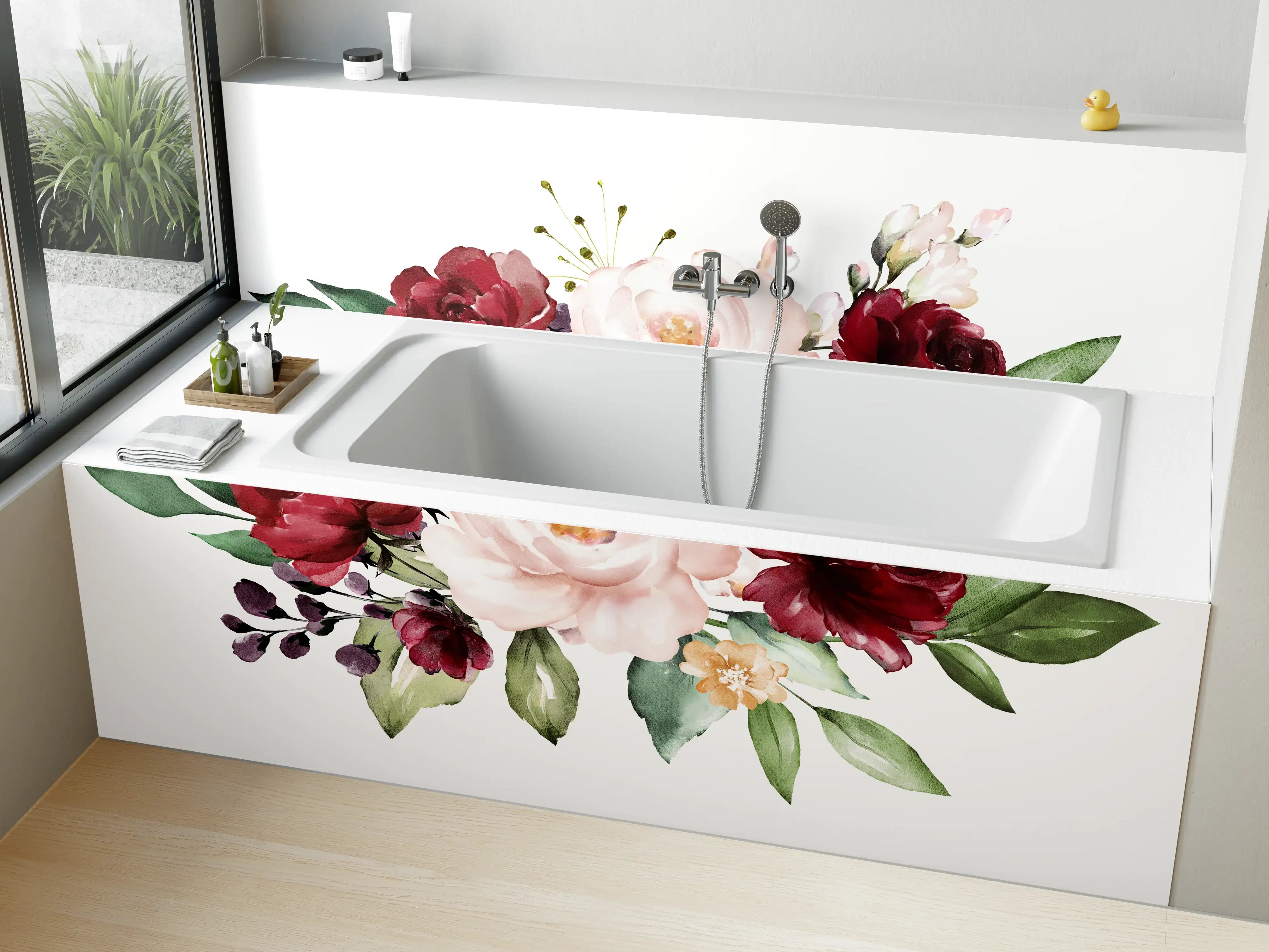 Badewannen-Rückwand - Aquarell bordeauxfarbene Blumen