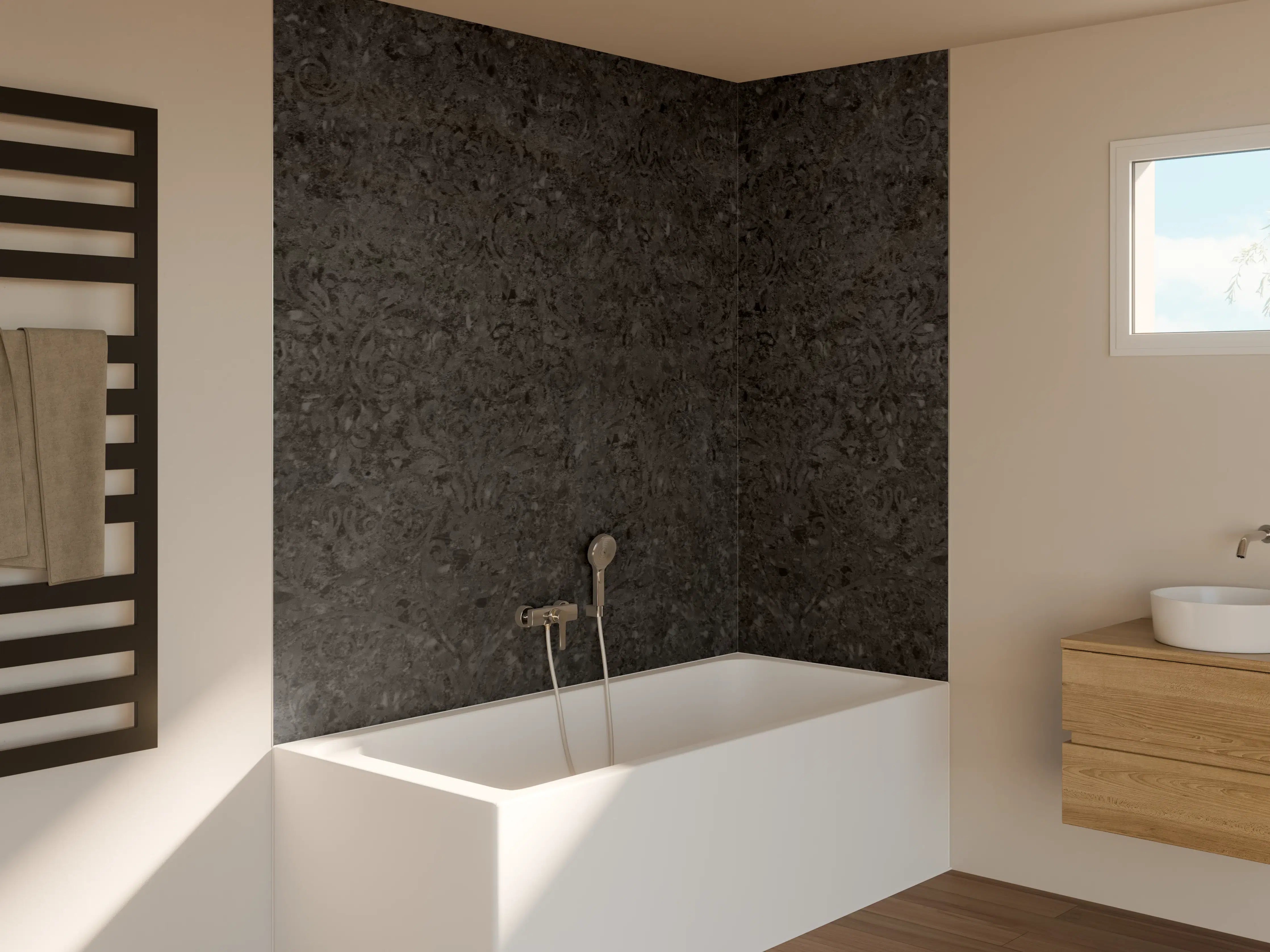 Badewannen-Rückwand - Scwarze Fliesen mit Muster