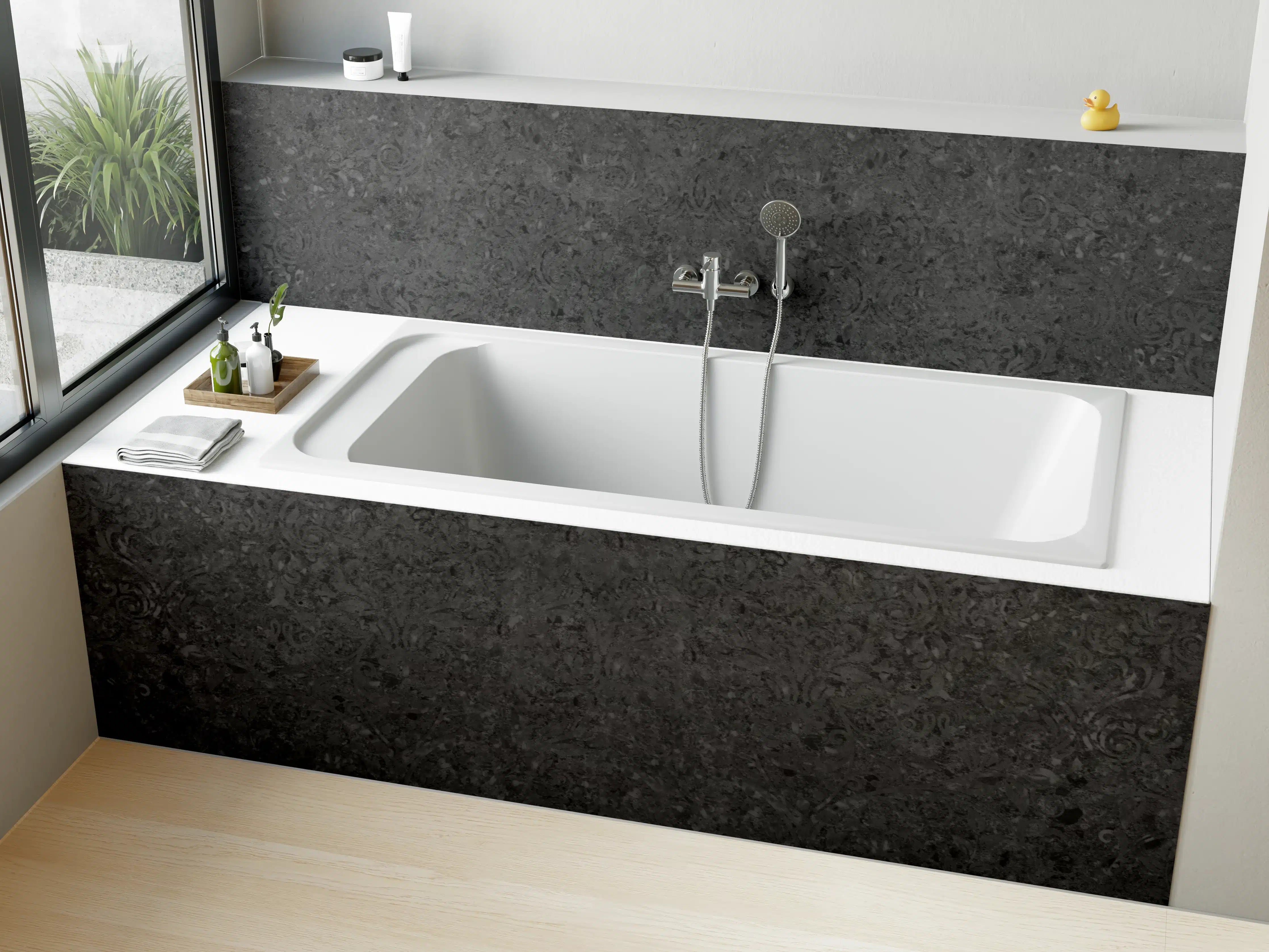 Badewannen-Rückwand - Scwarze Fliesen mit Muster