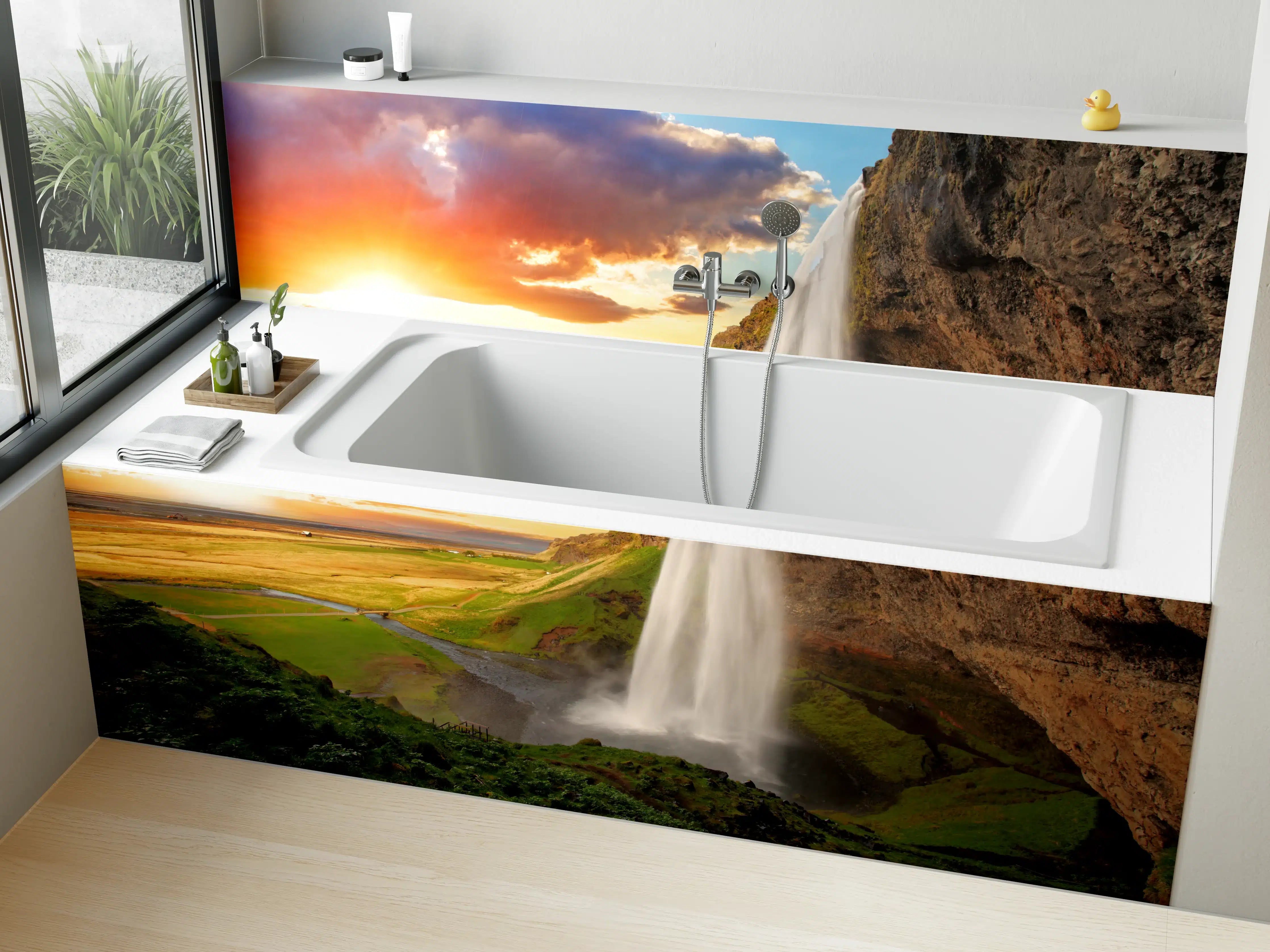 Badewannen-Rückwand - Seljalandsfoss Wasserfall bei Sonnenuntergang
