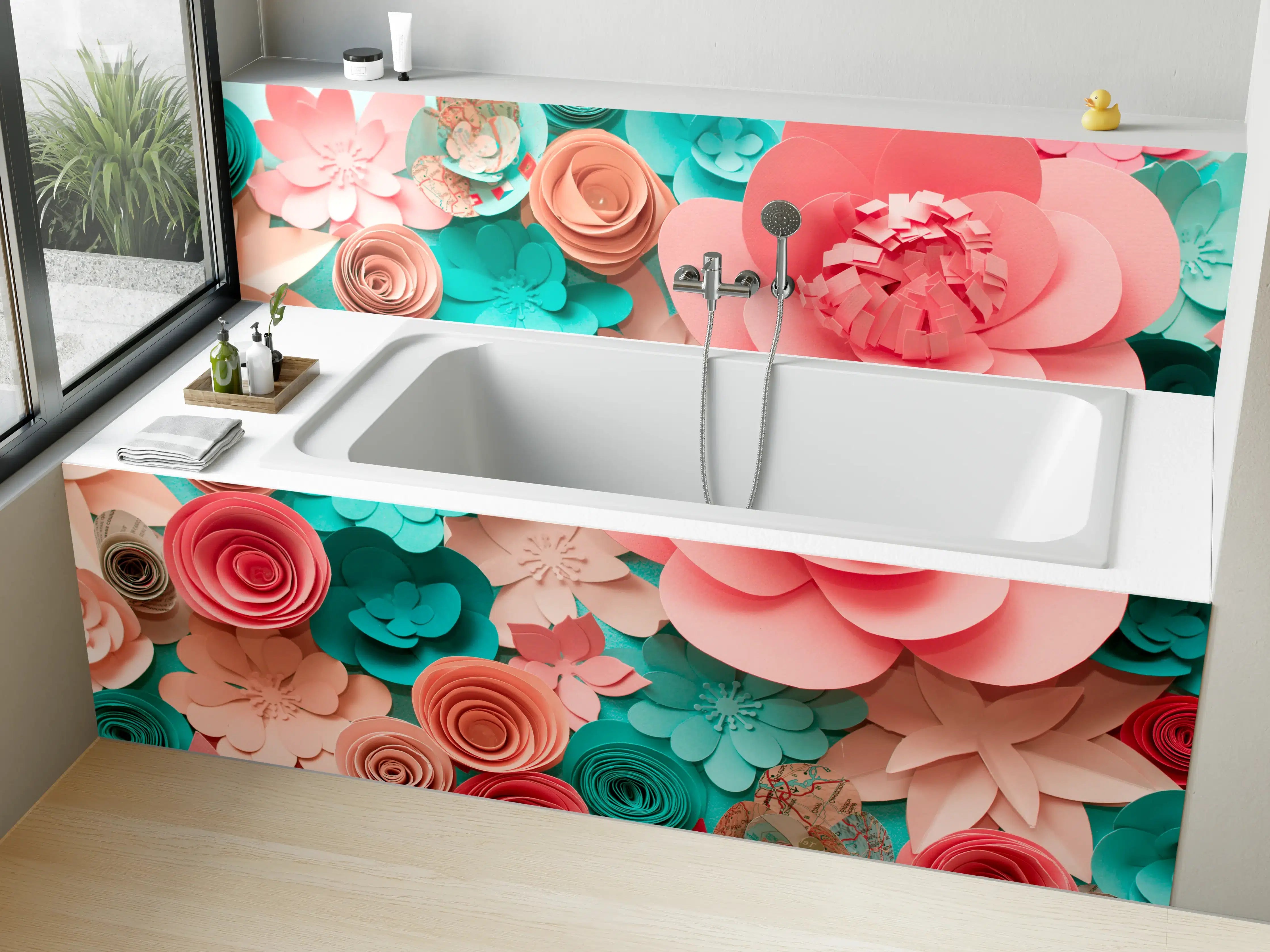 Badewannen-Rückwand - bunte Papier Blumen Komposition