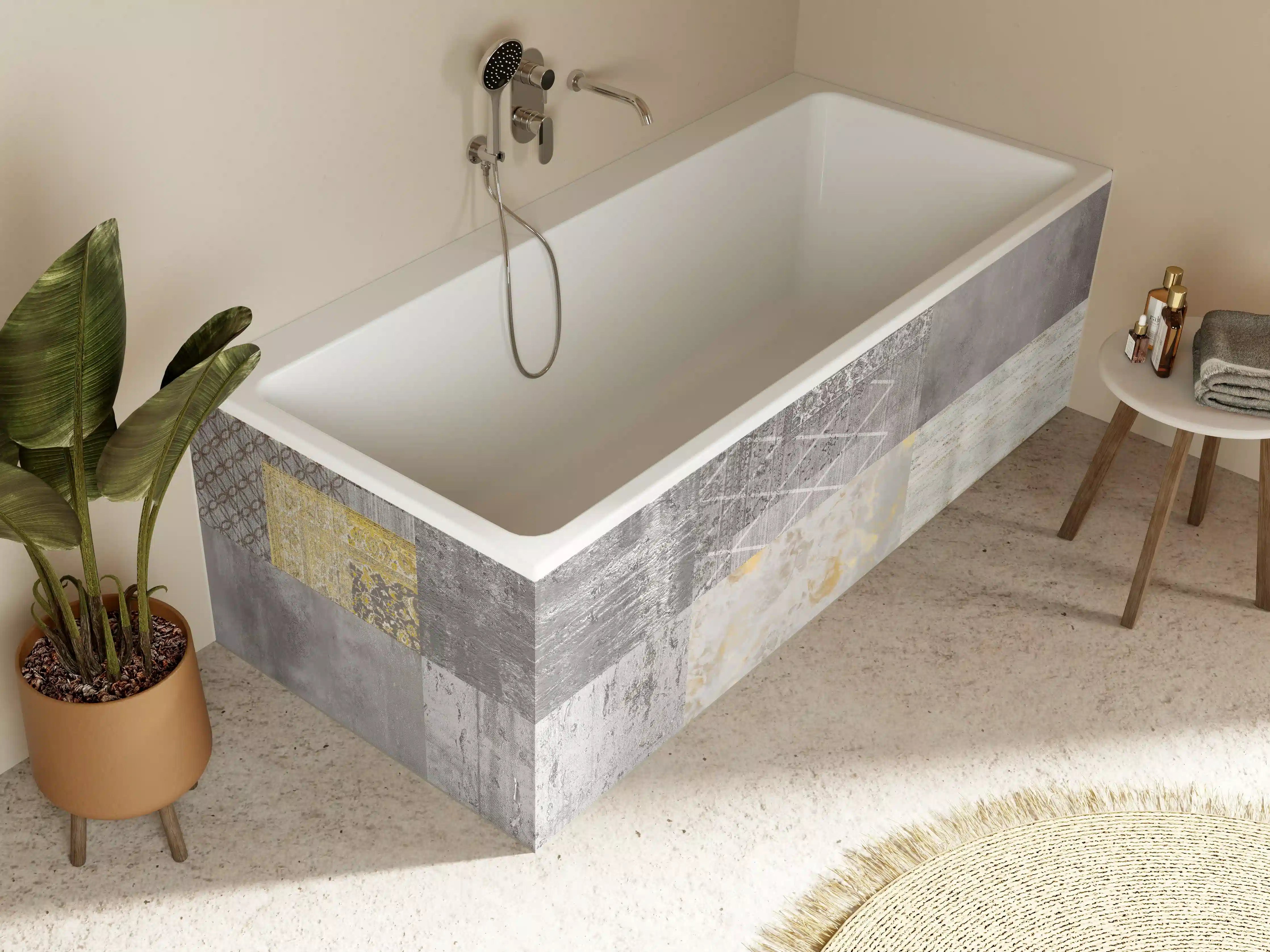 Badewannen-Rückwand - gräulich gelbes Patchwork