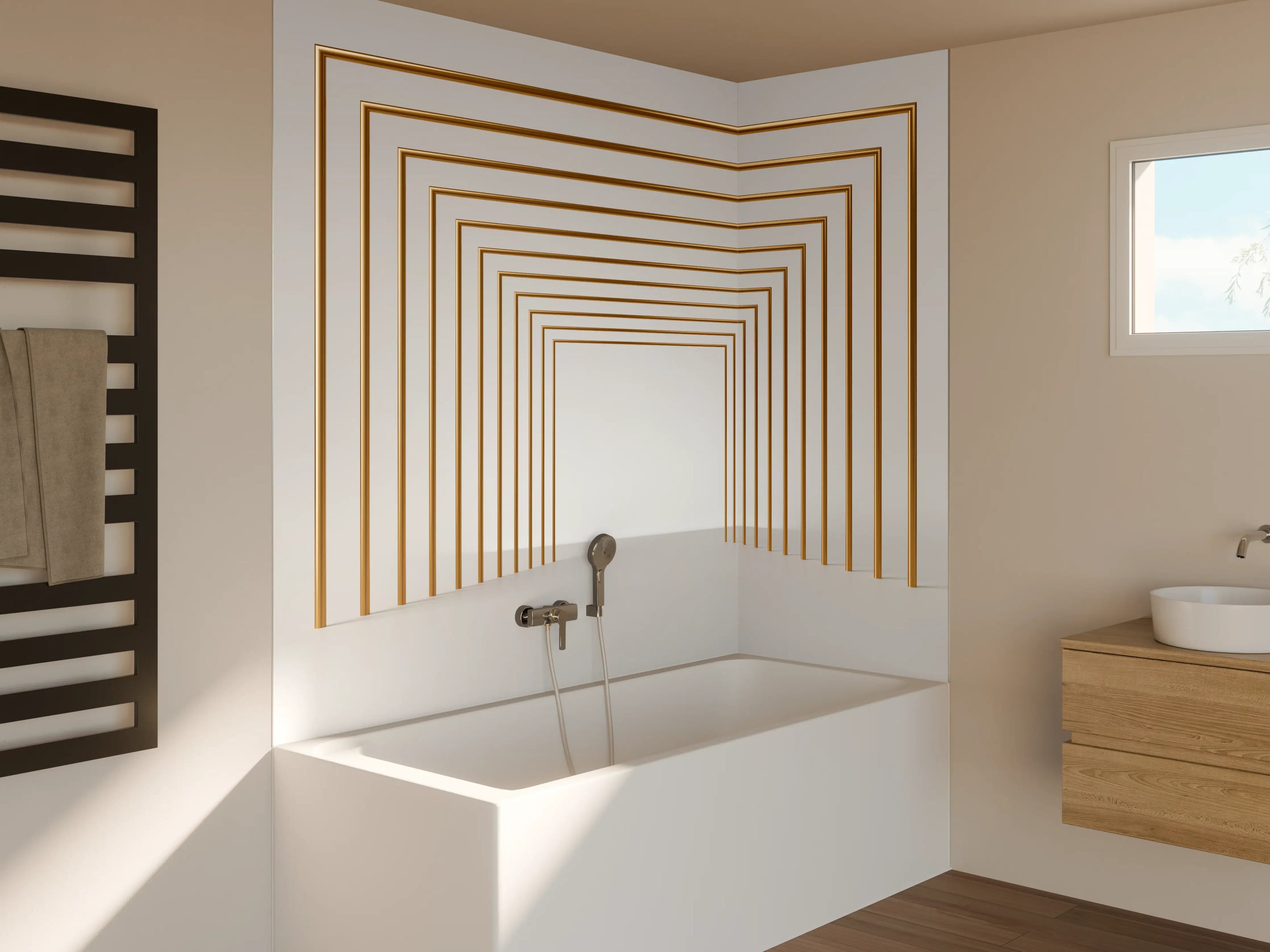 Badewannen-Rückwand - 3D-Design eines Tunnels mit vergoldeten Stangen