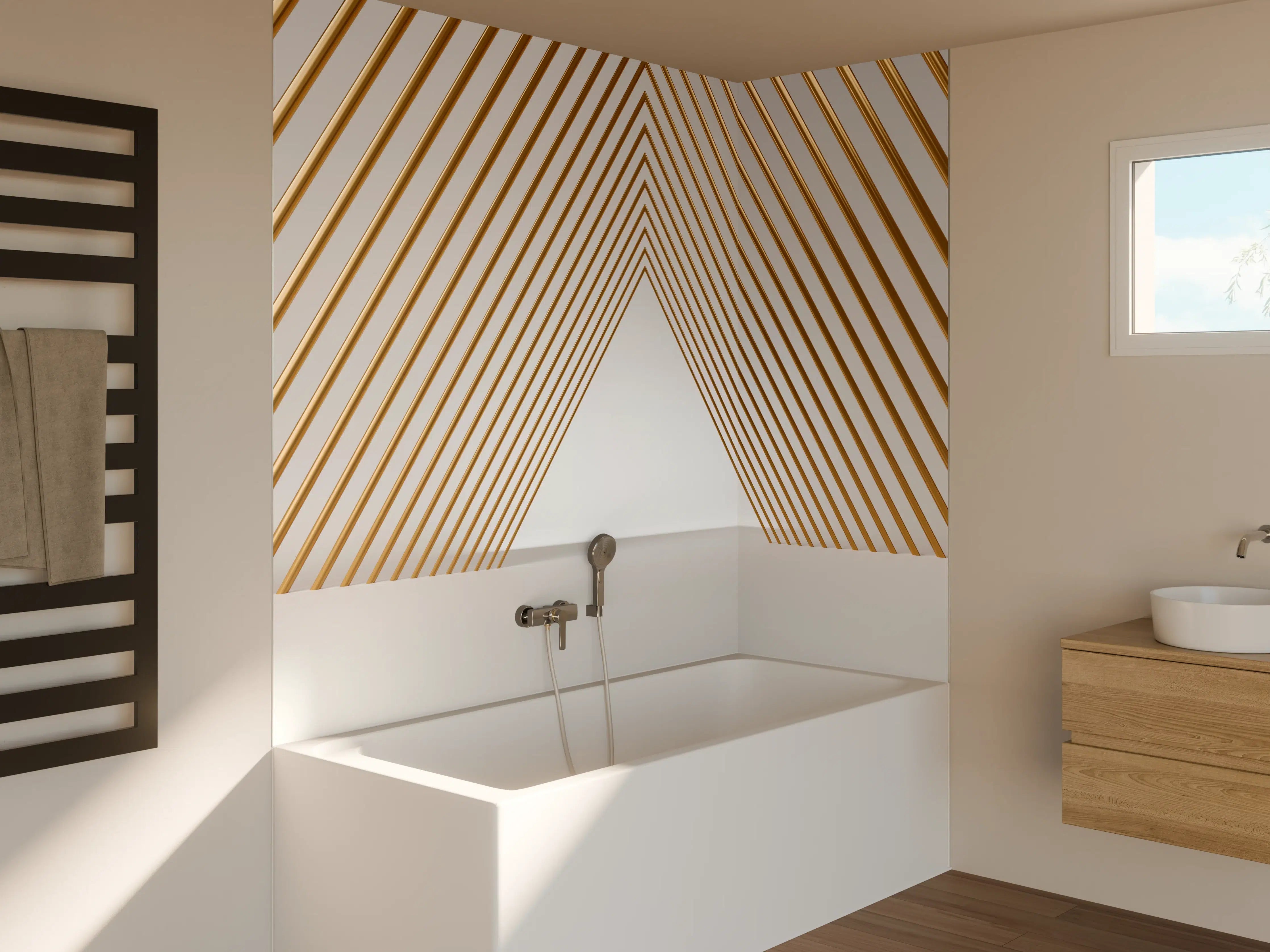 Badewannen-Rückwand - 3D-Tunnel aus goldenen stützen