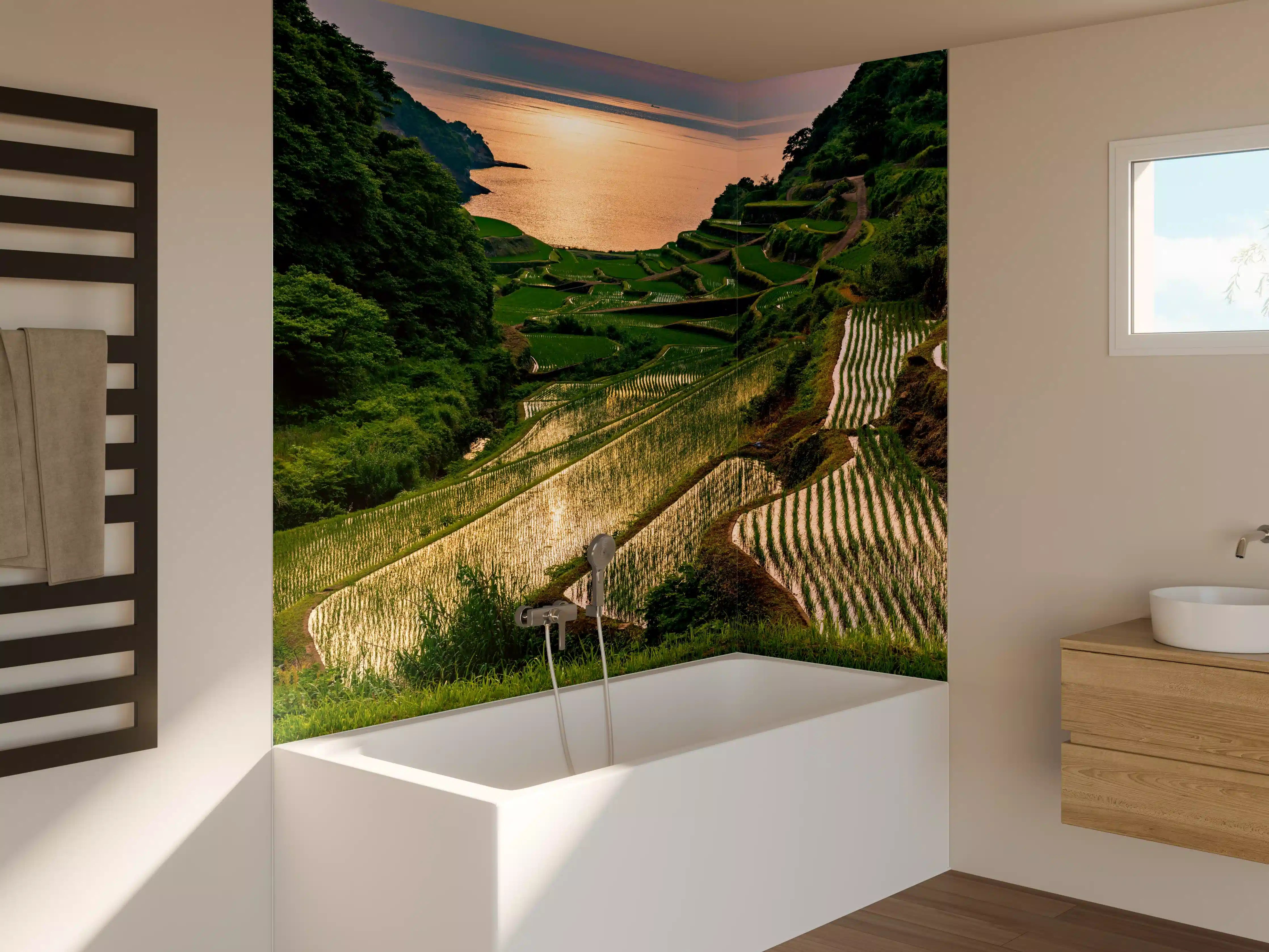 Badewannen-Rückwand - Abendlicher Blick japanische Berglandschaft