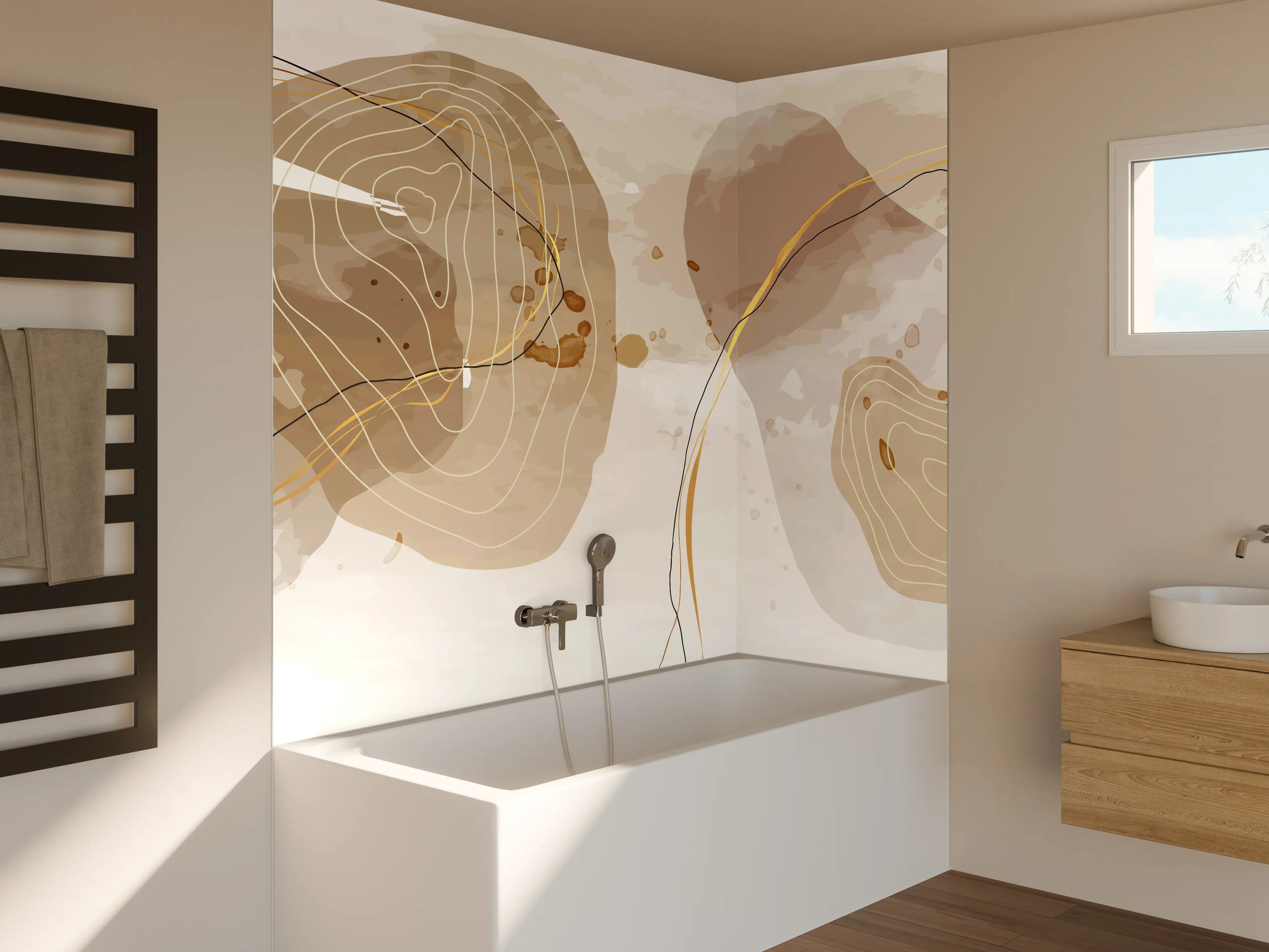 Badewannen-Rückwand - Abstrakte Beige-Braune Linienkunst