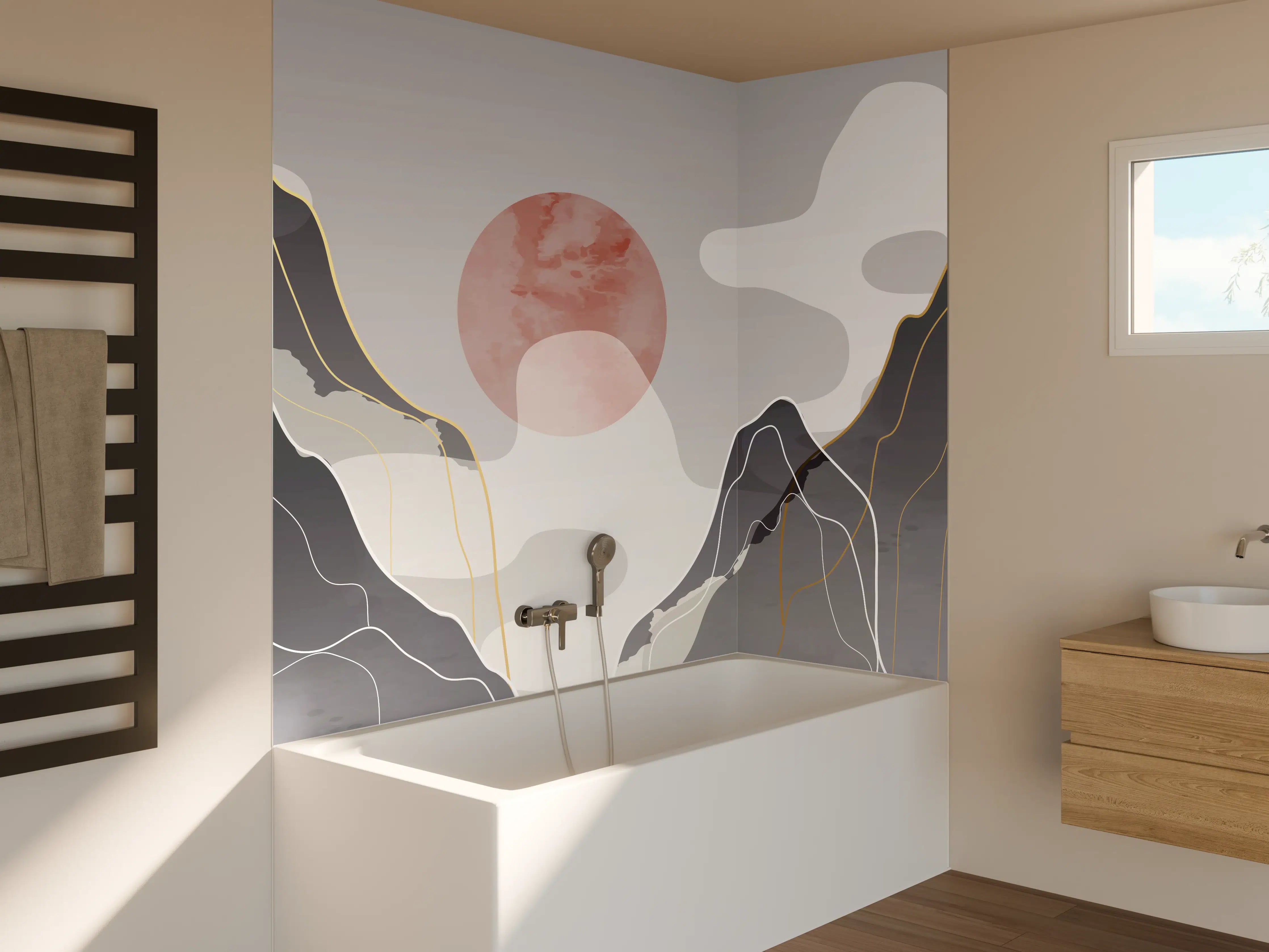 Badewannen-Rückwand - Abstrakte Berge in Pastell