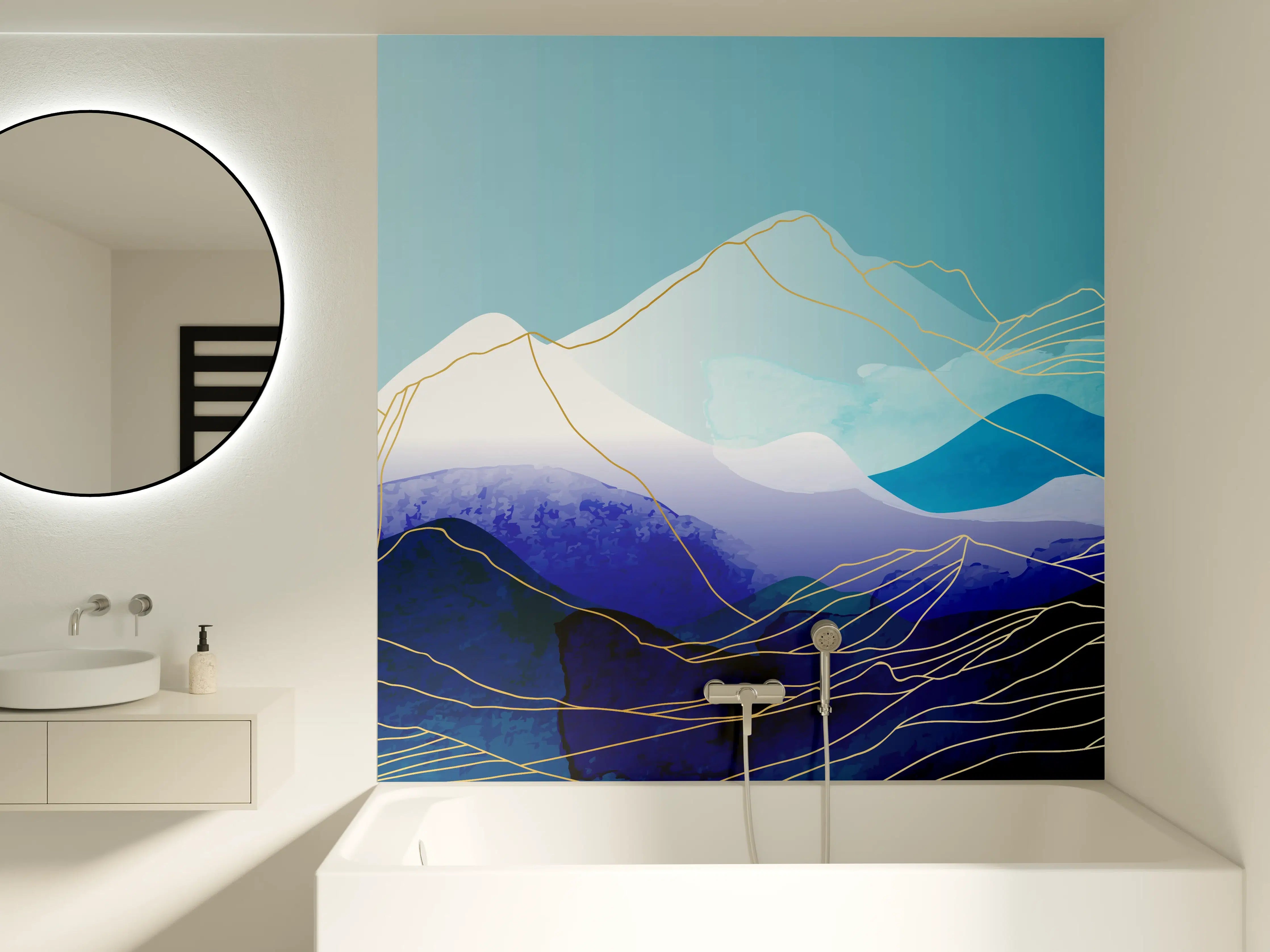 Badewannen-Rückwand - Abstrakte Berglandschaft in Blautönen