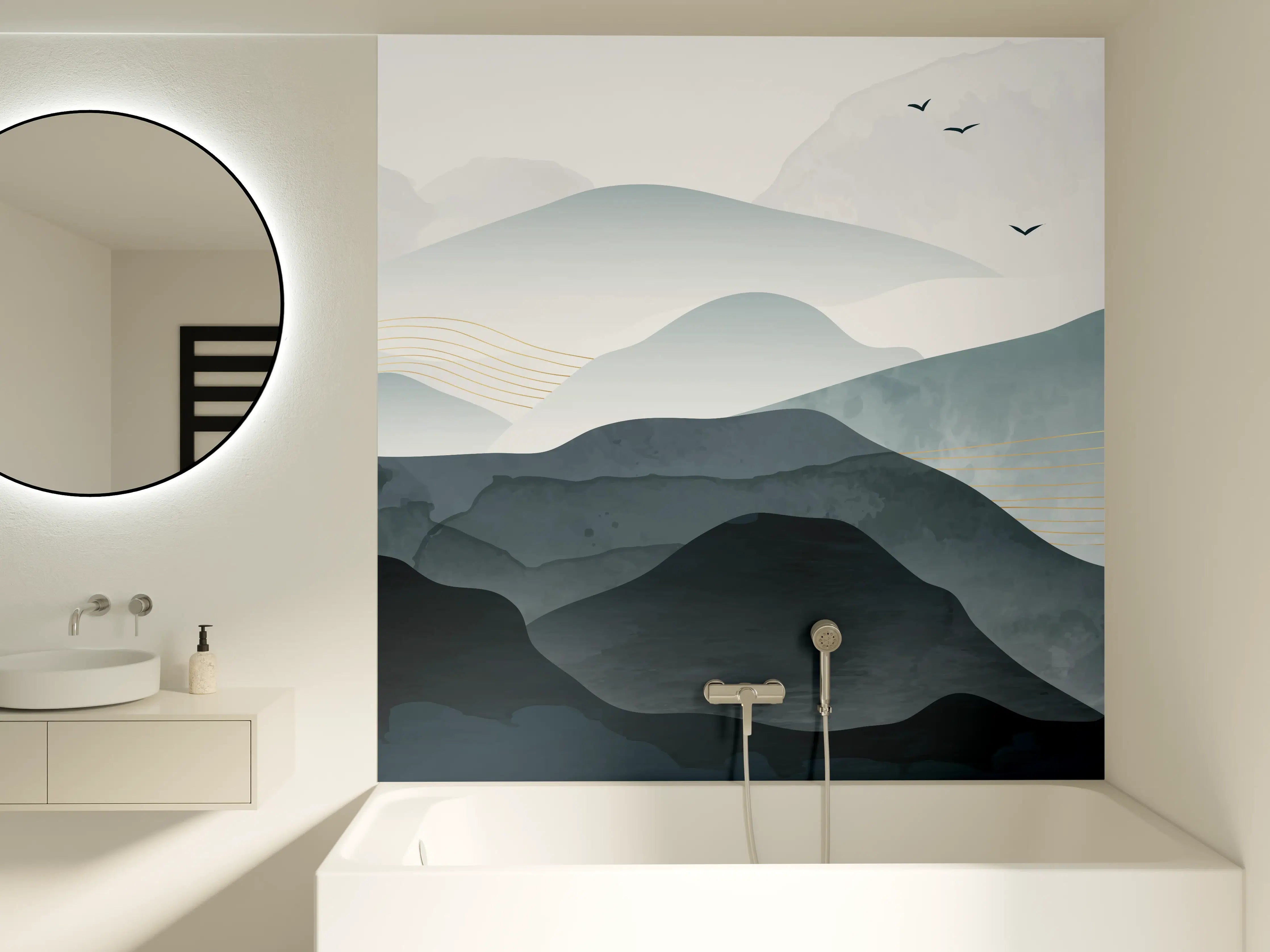 Badewannen-Rückwand - Abstrakte Berglandschaft in Grautönen