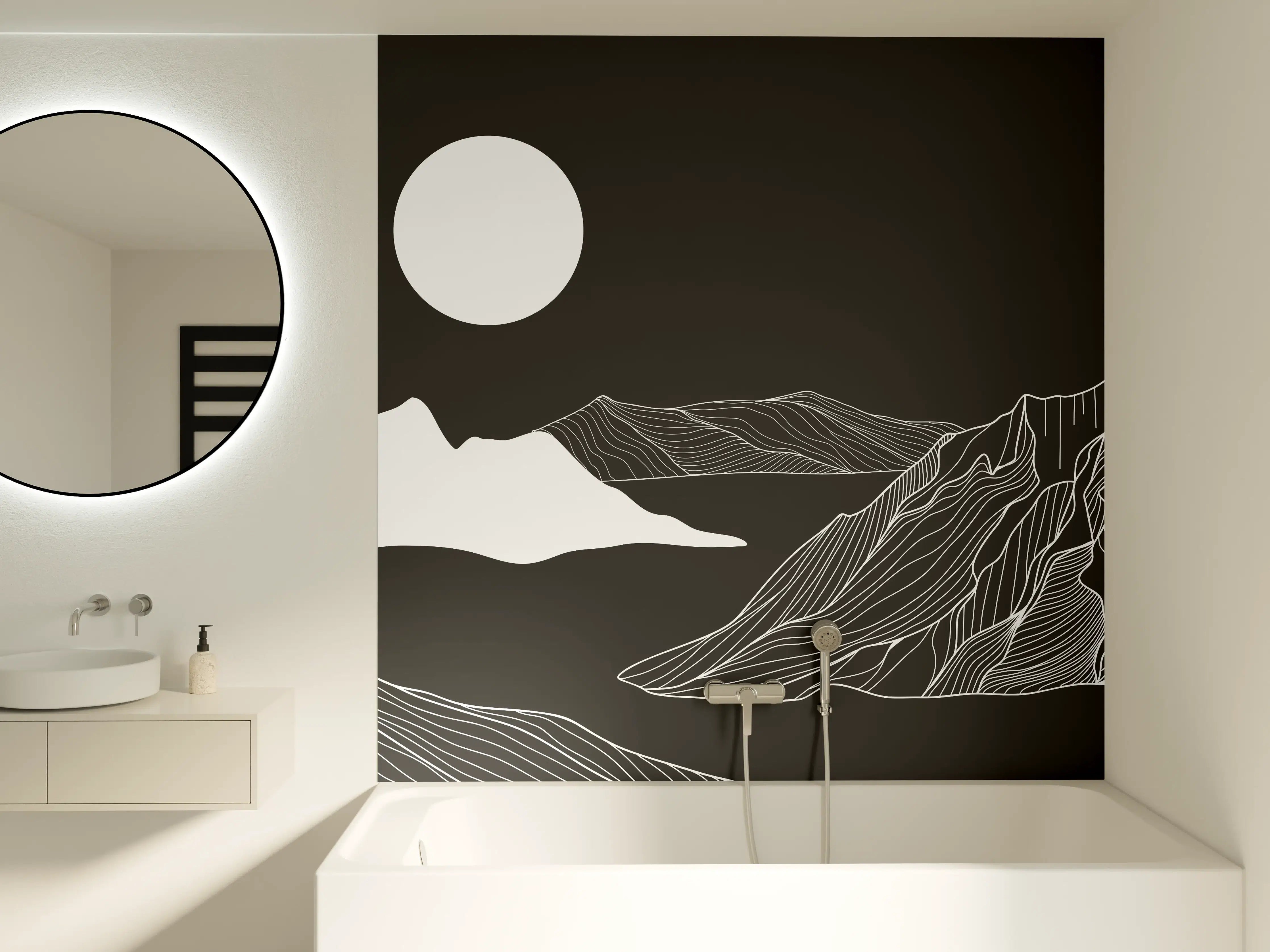 Badewannen-Rückwand - Abstrakte Berglandschaft in Monochrom