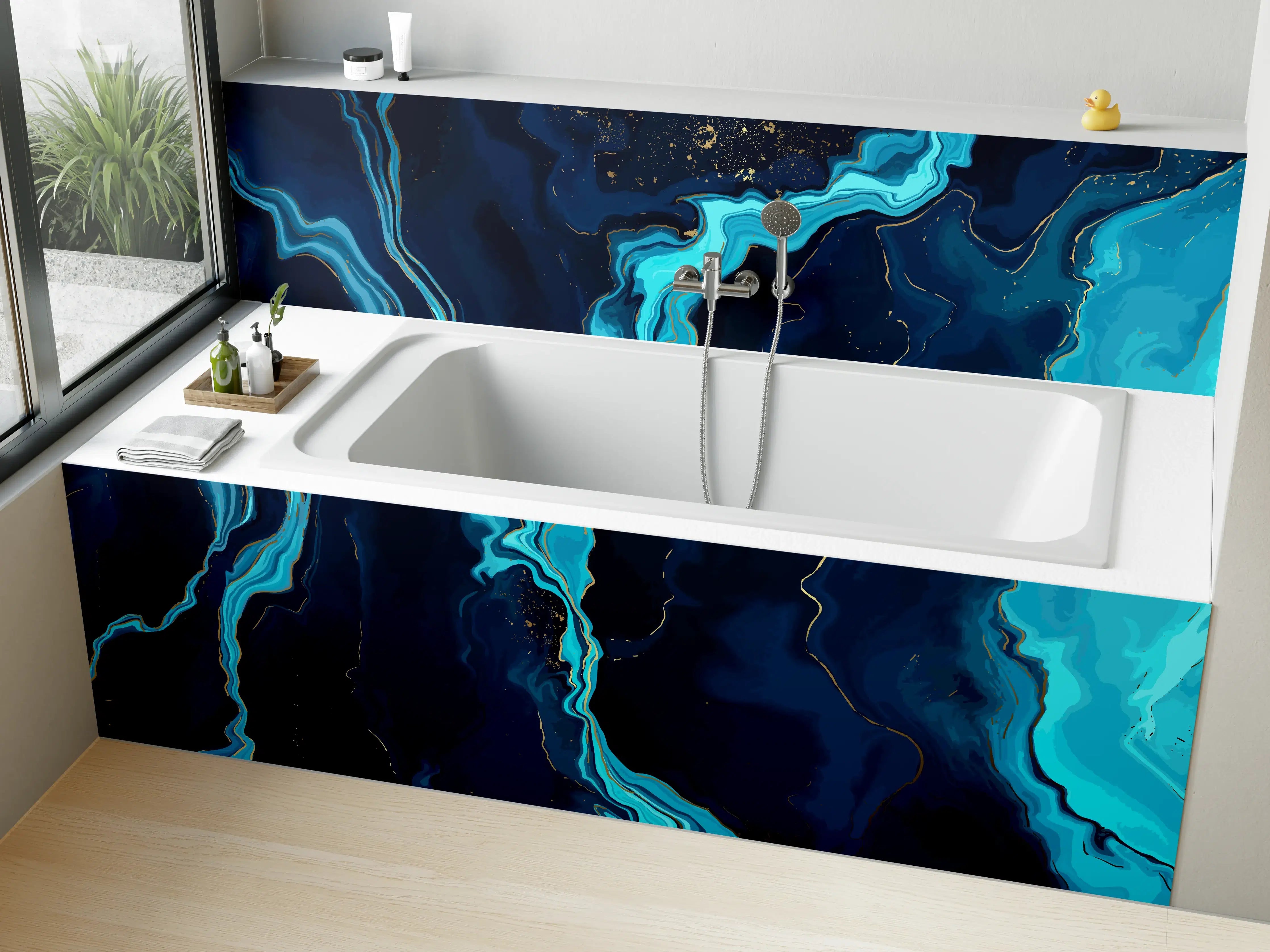 Badewannen-Rückwand - Abstrakte Blau-Türkis Fließkunst