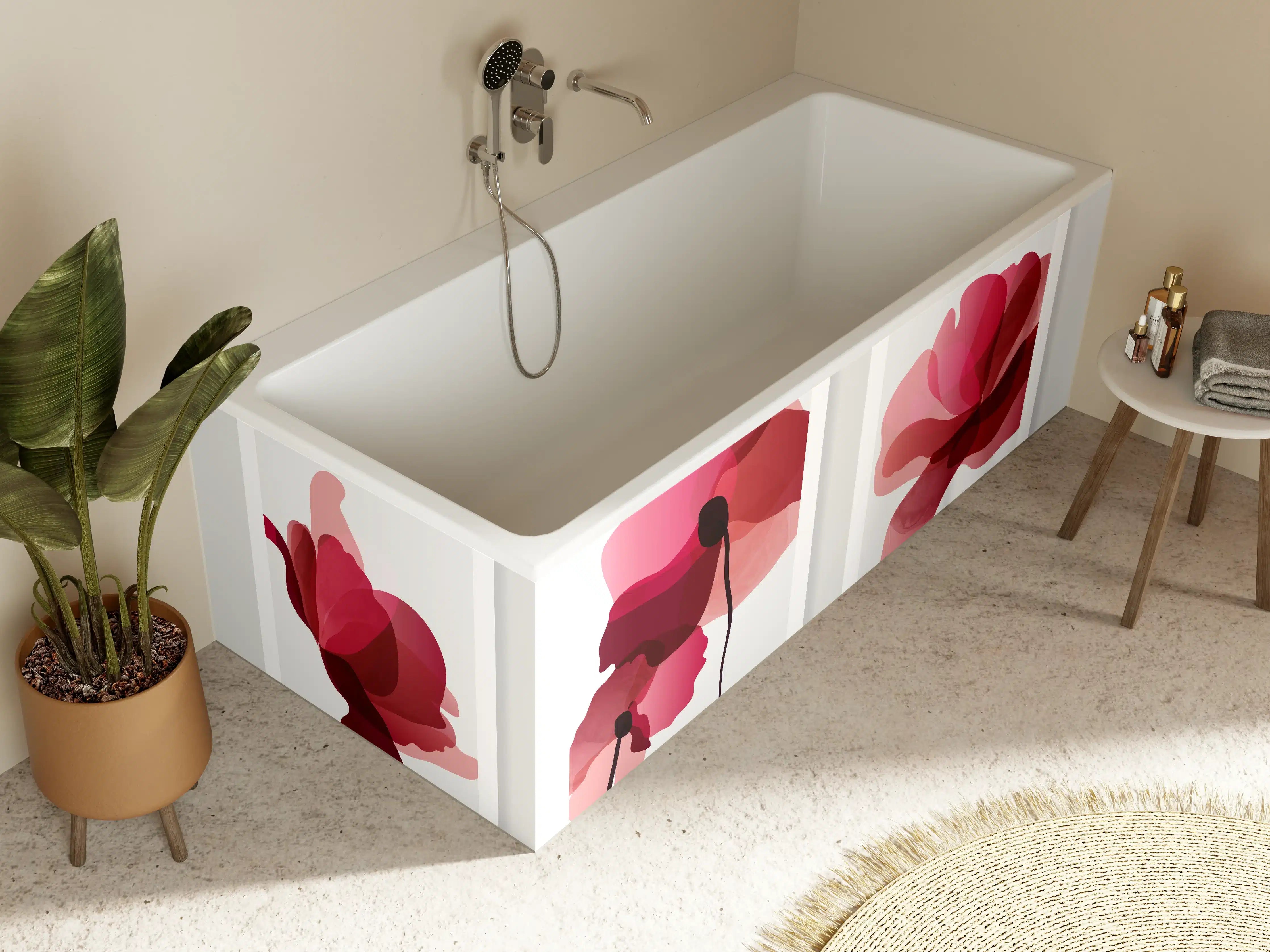 Badewannen-Rückwand - Abstrakte Blüten Rot-Pink
