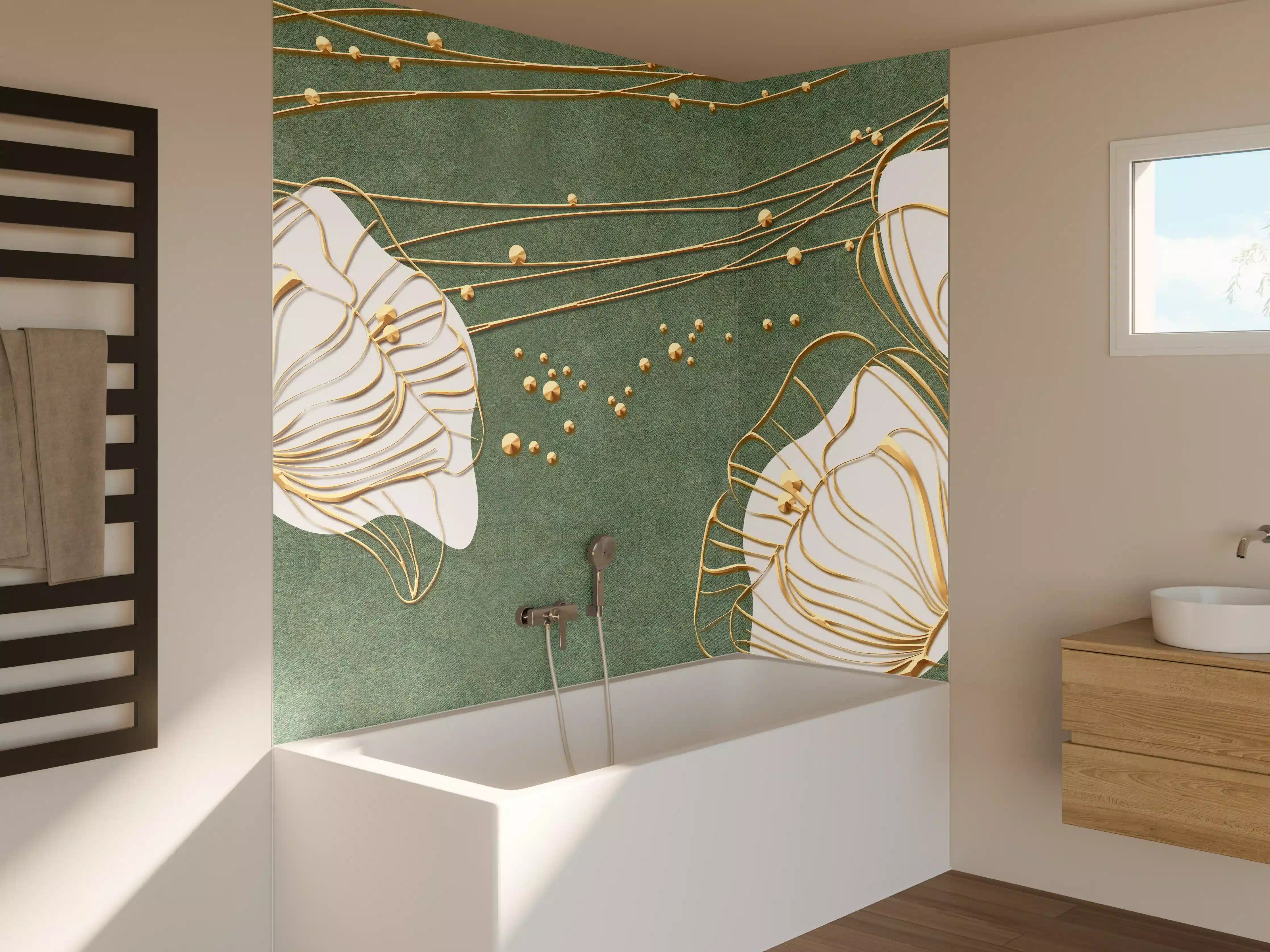 Badewannen-Rückwand - Abstrakte Blumen Beige Grün