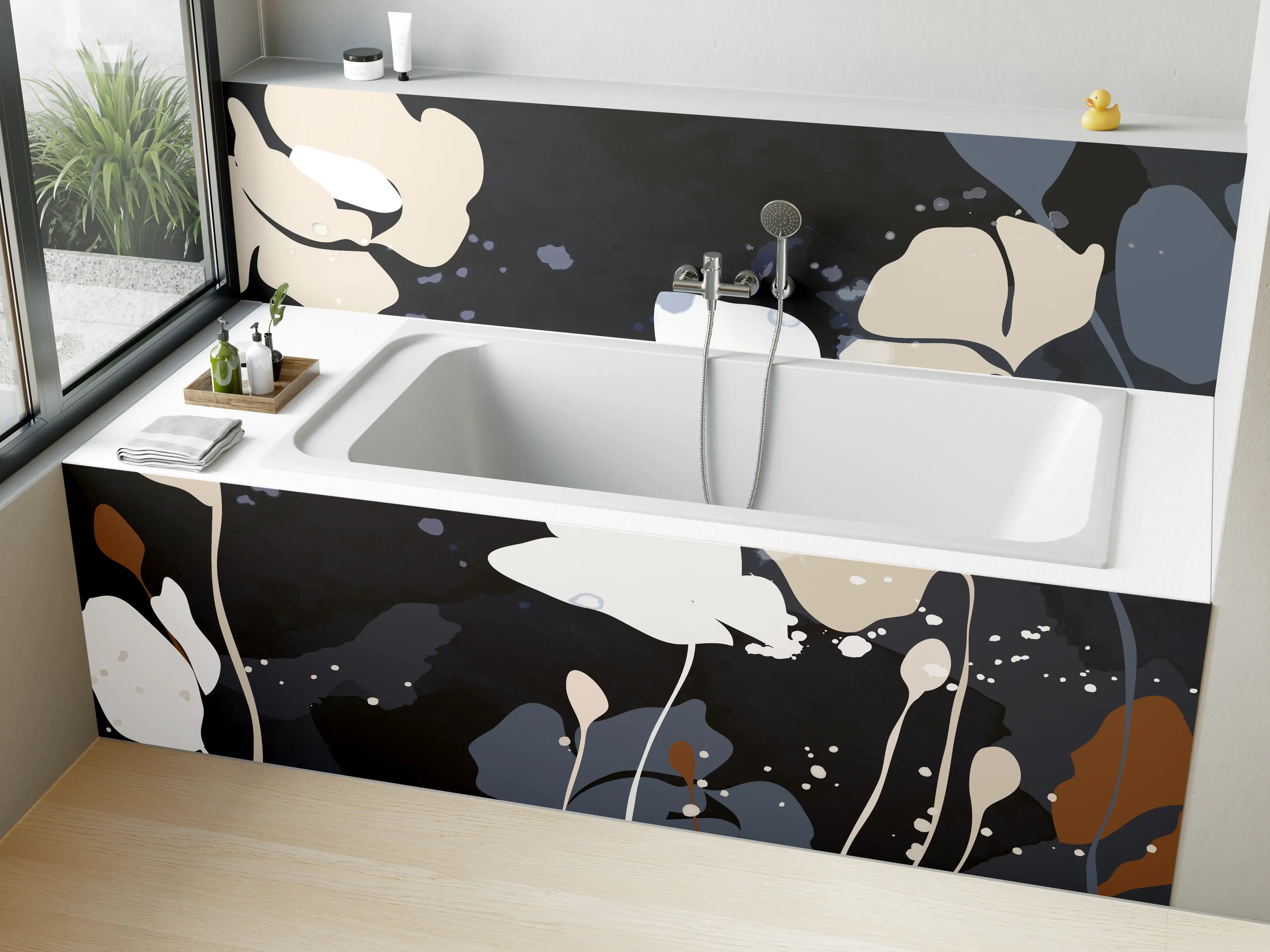 Badewannen-Rückwand - Abstrakte Blumen Dunkles Design