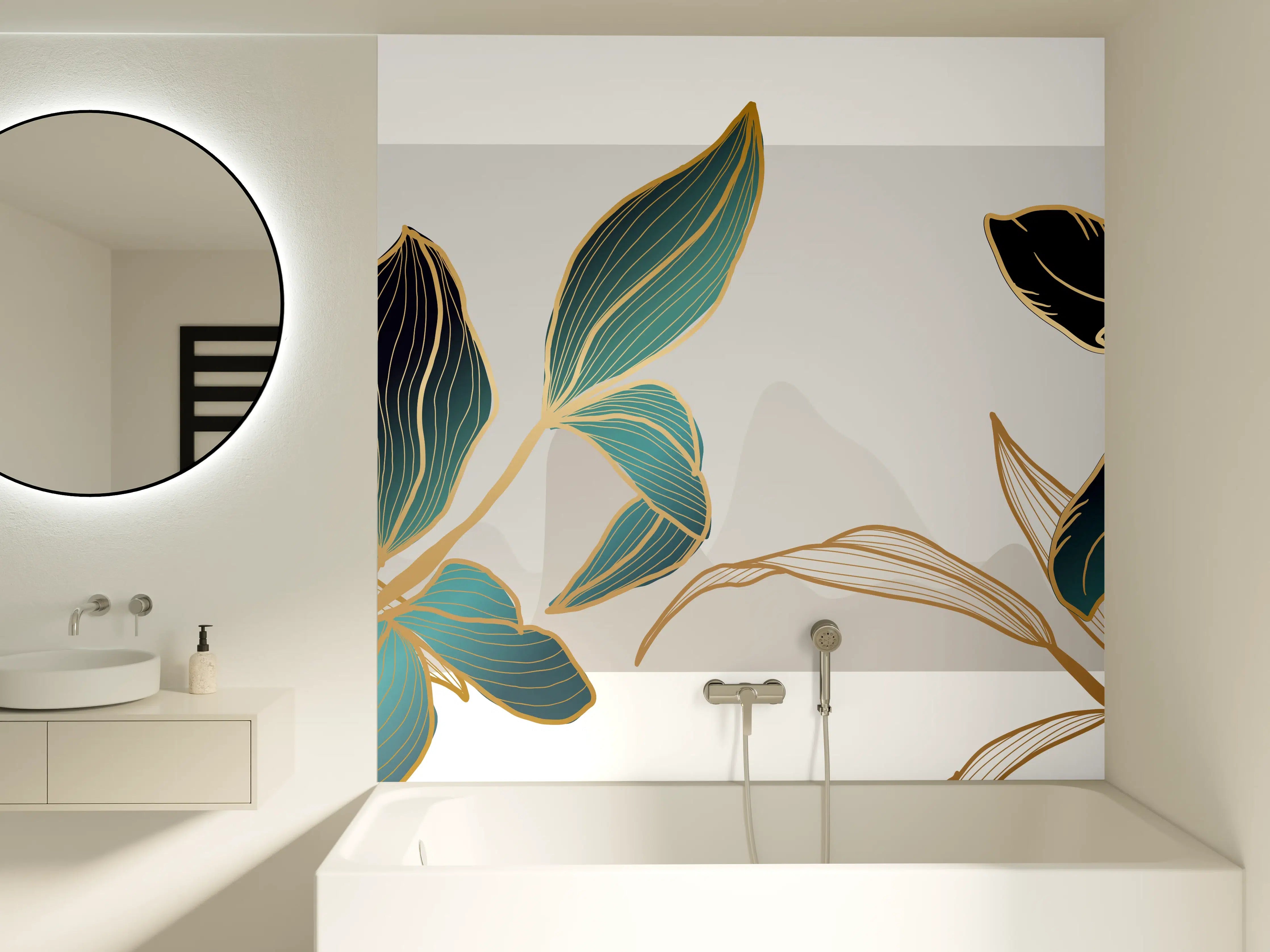 Badewannen-Rückwand - Abstrakte Blumen Gold-Blau Illustration