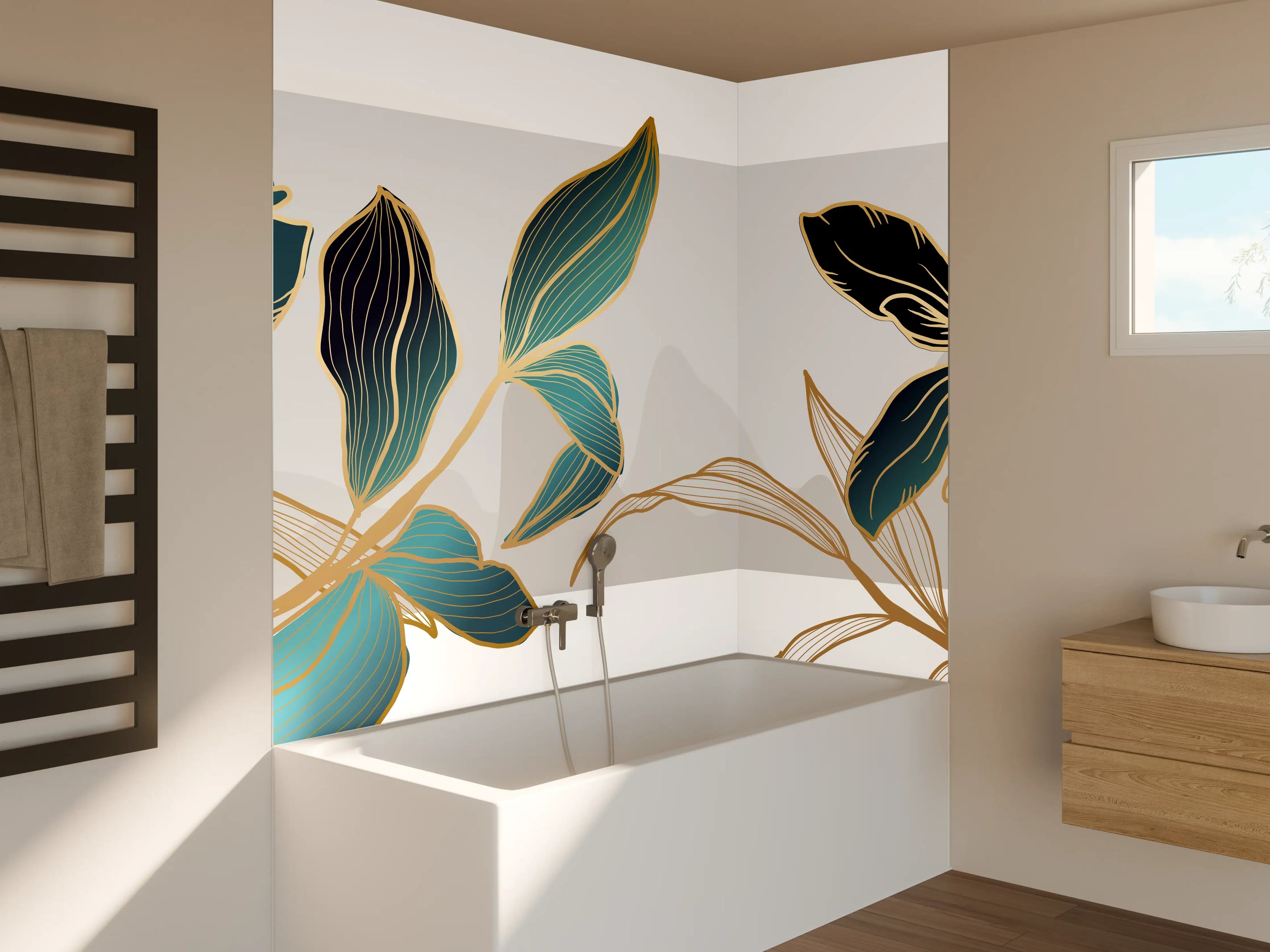Badewannen-Rückwand - Abstrakte Blumen Gold-Blau Illustration