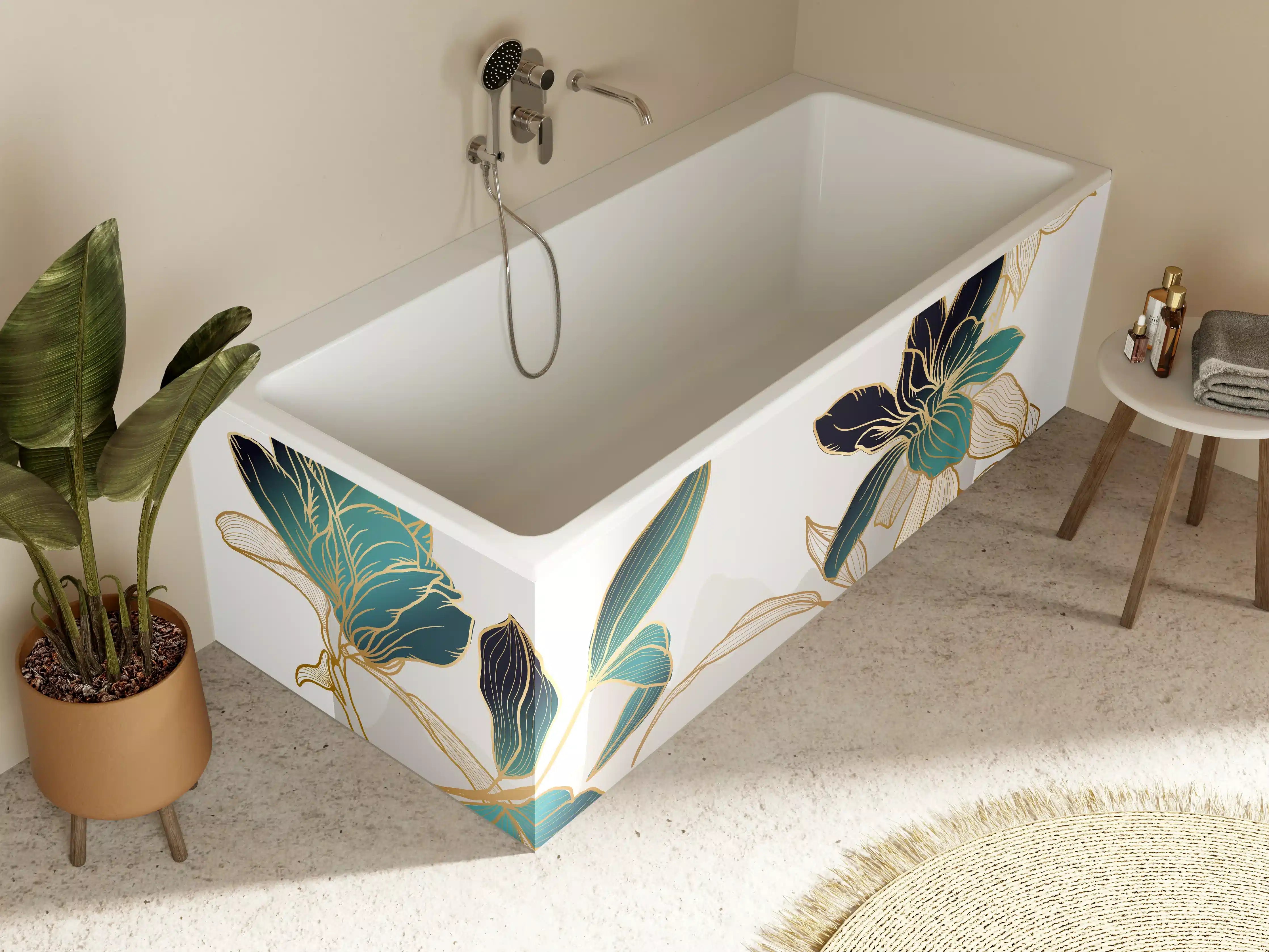 Badewannen-Rückwand - Abstrakte Blumen Gold-Blau Illustration