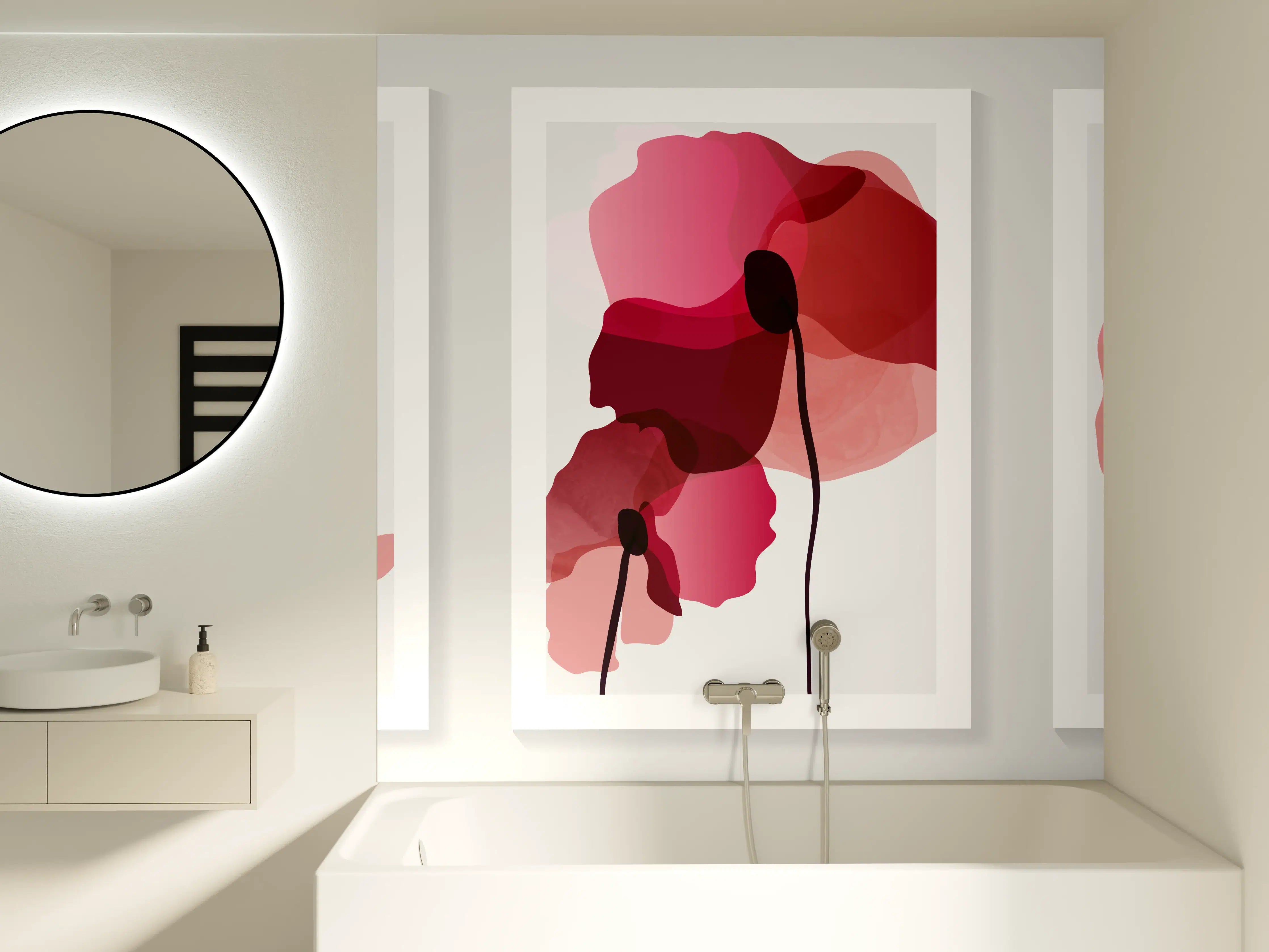 Badewannen-Rückwand - Abstrakte Blumen Triptychon Rot
