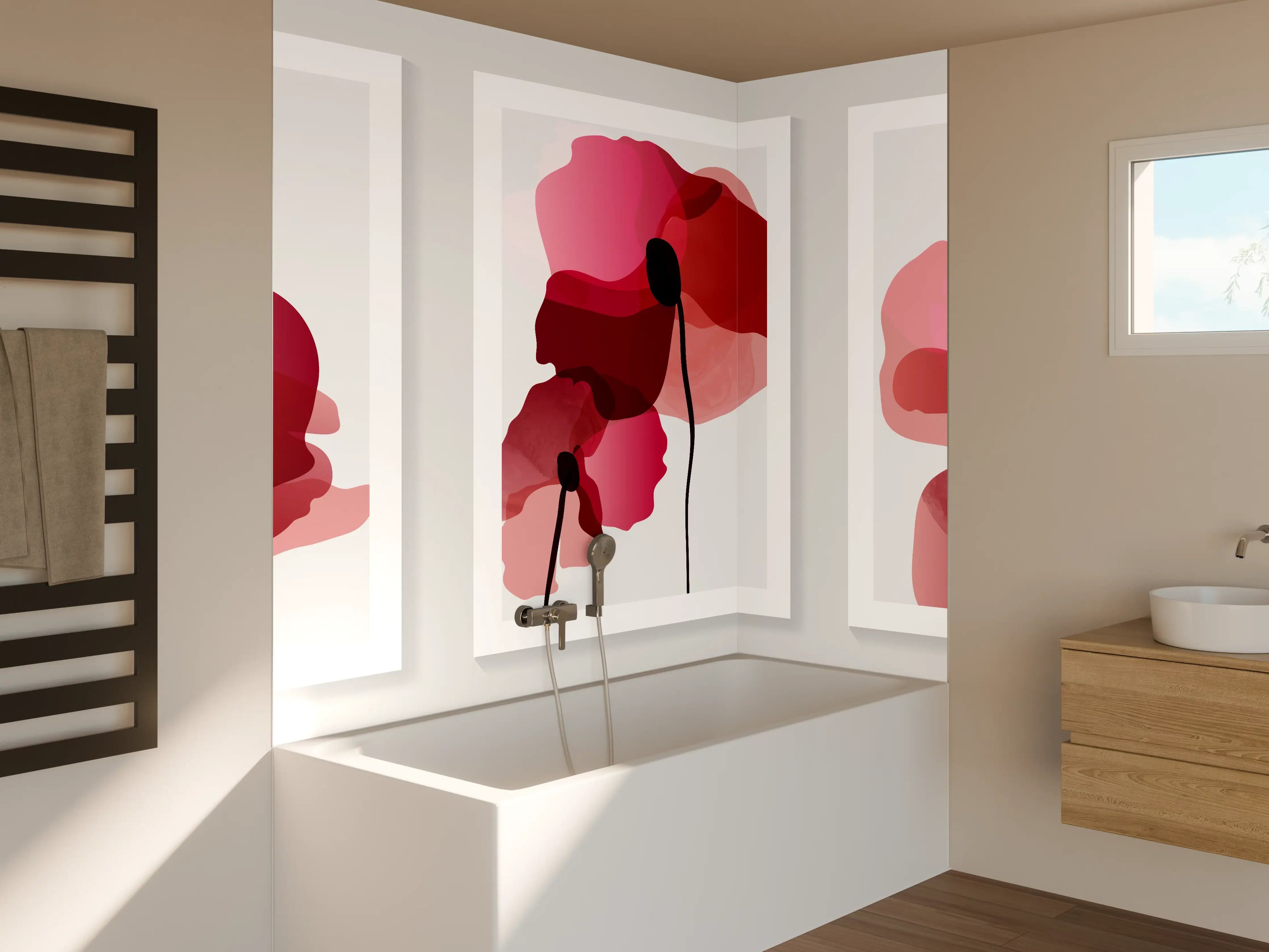 Badewannen-Rückwand - Abstrakte Blumen Triptychon Rot