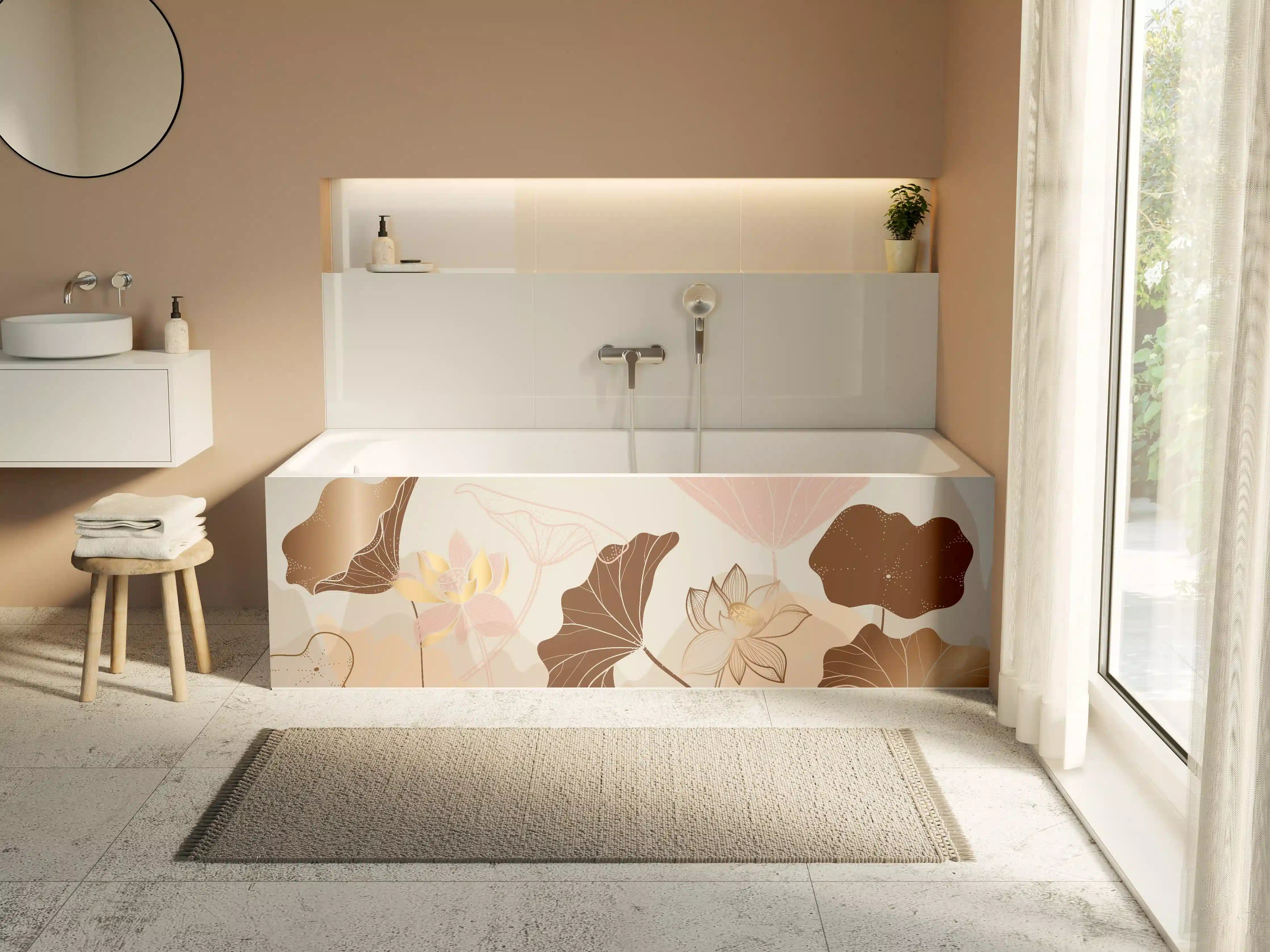 Badewannen-Rückwand - Abstrakte Blumen Zeichnung Beige
